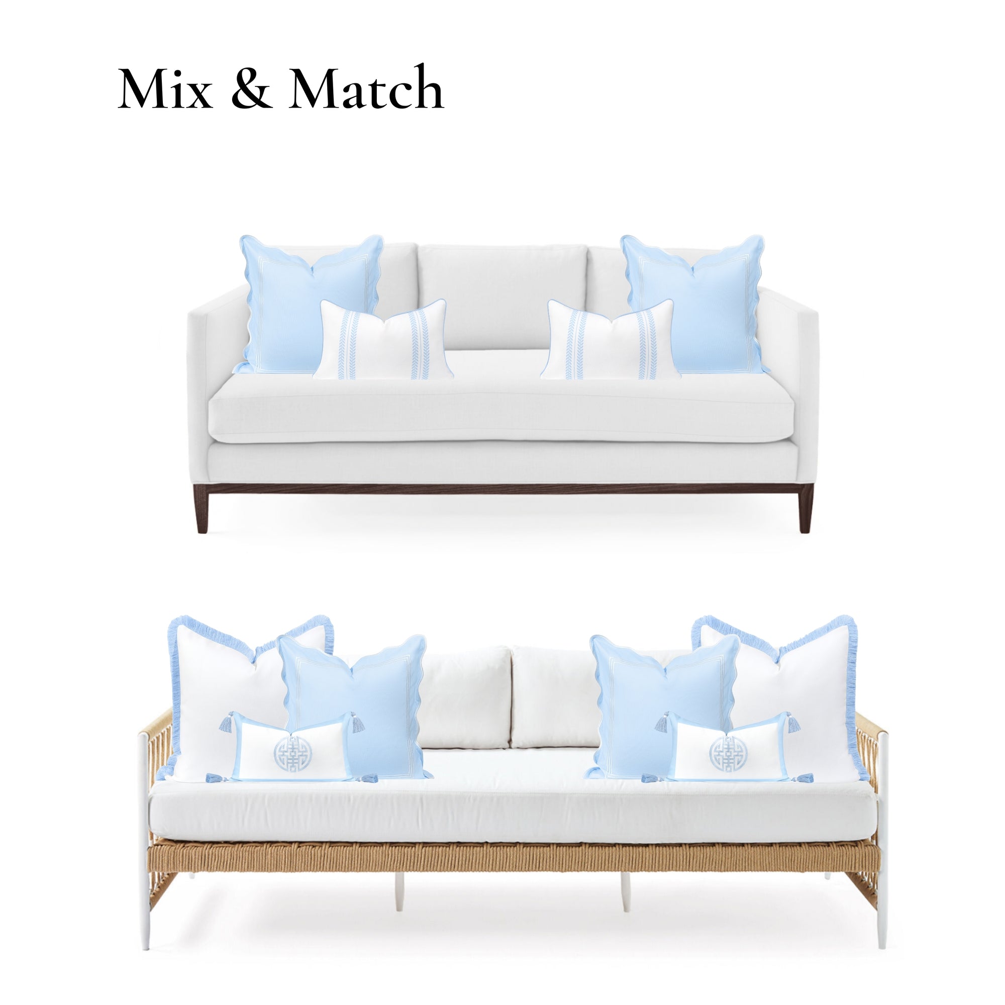 Meidian Frame Scalloped Border, Indoor/Outdoor Baby Blue Pillow Cover, 20&quot;x20&quot;