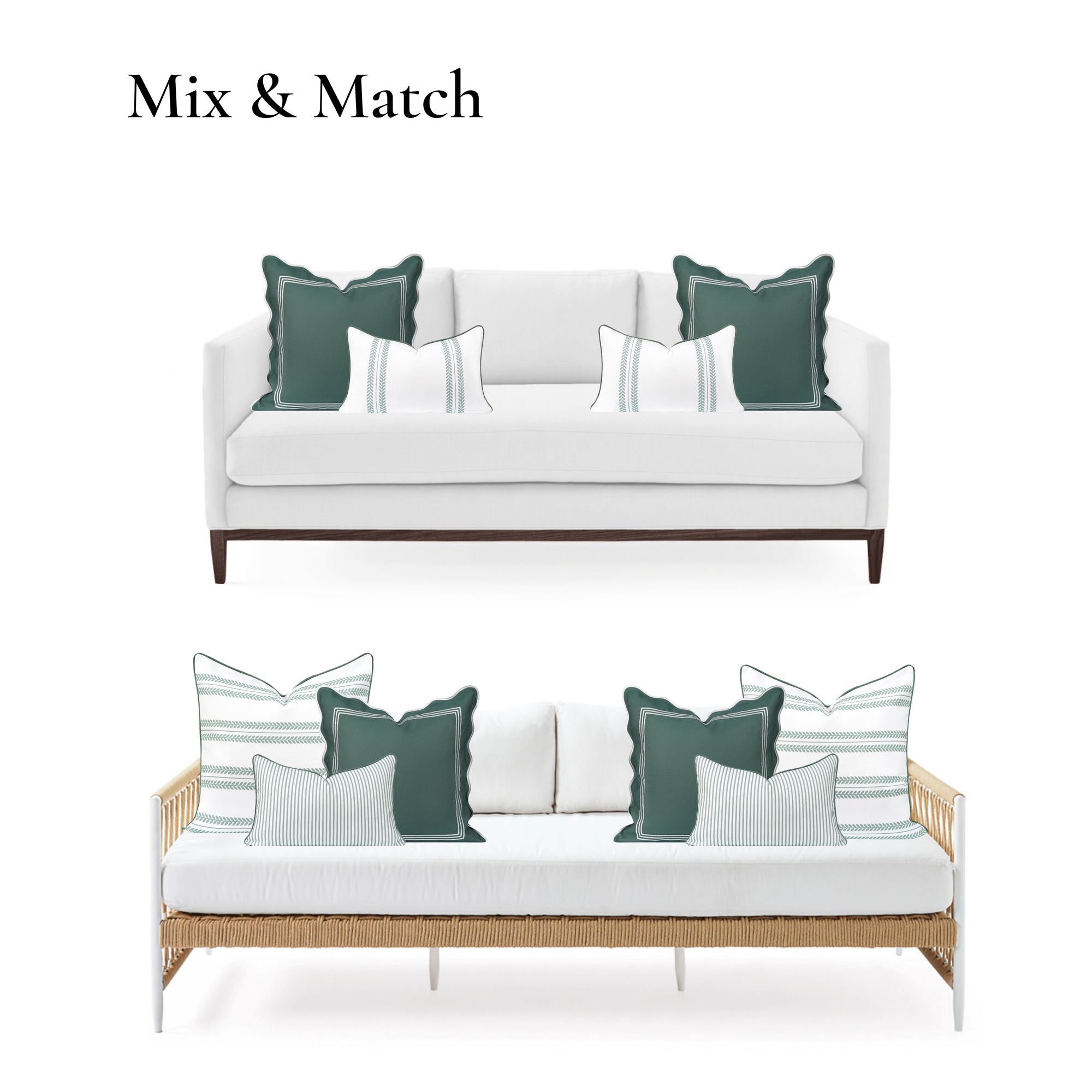 Meidian Frame Scalloped Border, Indoor/Outdoor Green Pillow Cover, 20&quot;x20&quot;