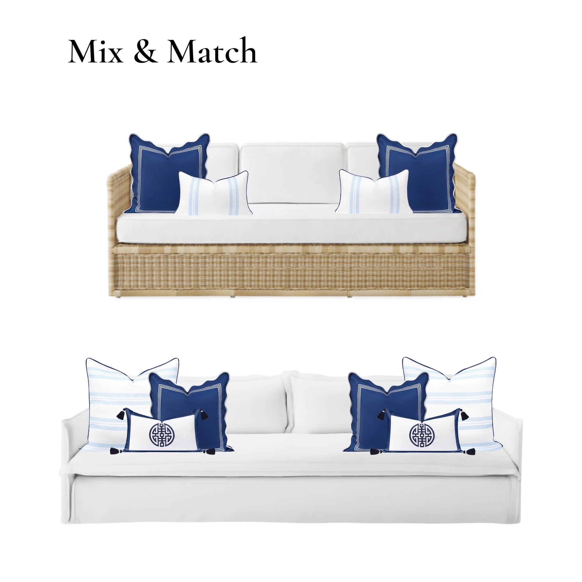 Meidian Frame Scalloped Border, Indoor/Outdoor Navy Blue Throw Pillow Cover, 20&quot;x20&quot;