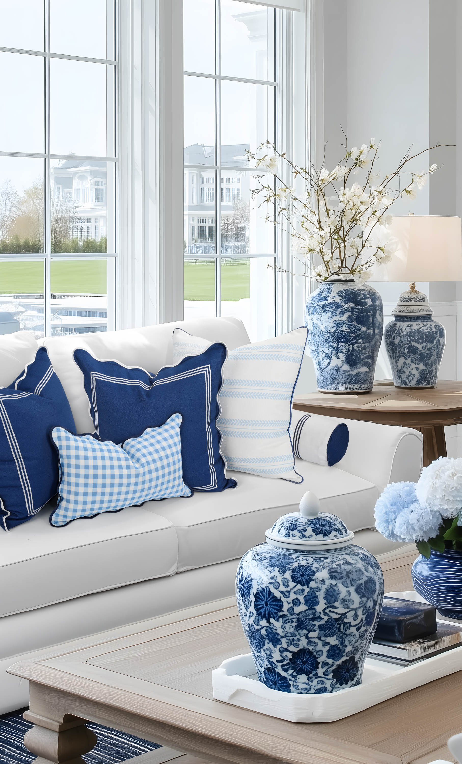 Meidian Frame Scalloped Border, Indoor/Outdoor Navy Blue Throw Pillow Cover, 20&quot;x20&quot;