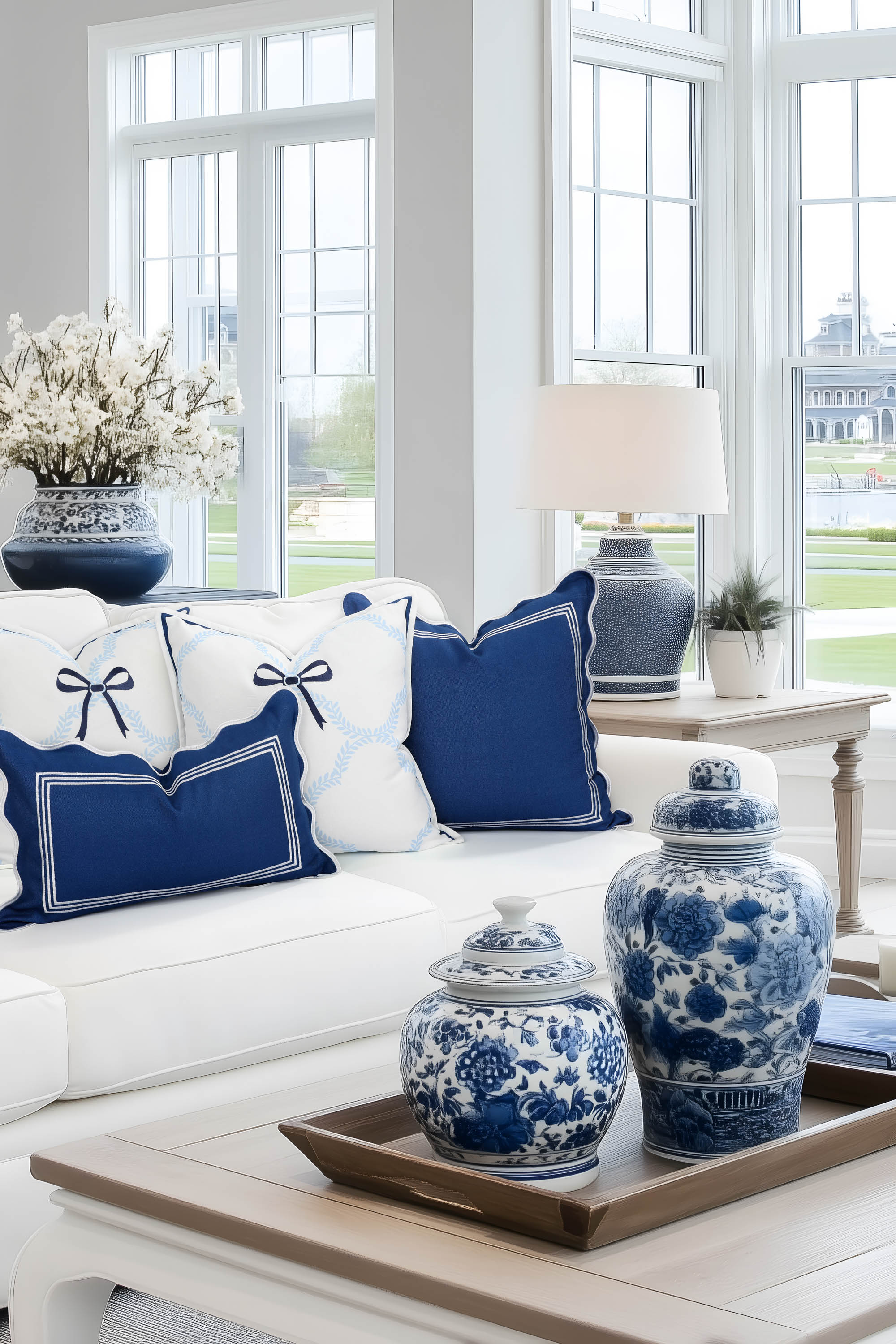 Meidian Frame Scalloped Border, Indoor/Outdoor Navy Blue Throw Pillow Cover, 20&quot;x20&quot;