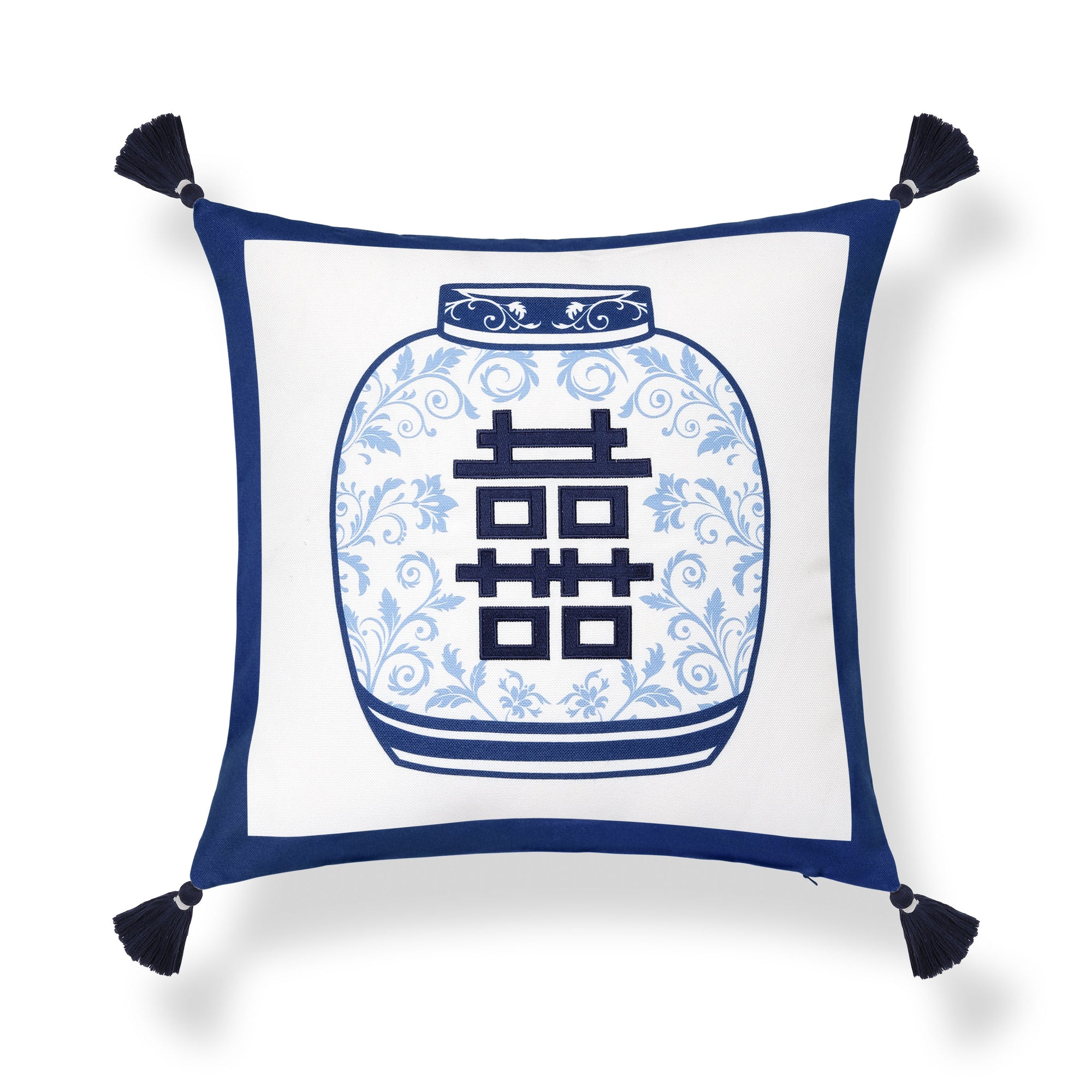 Ruilin Double Happiness, Indoor/Outdoor Navy Blue Chinoiserie Pillow Cover, with Tassels, 20&quot;x20&quot;