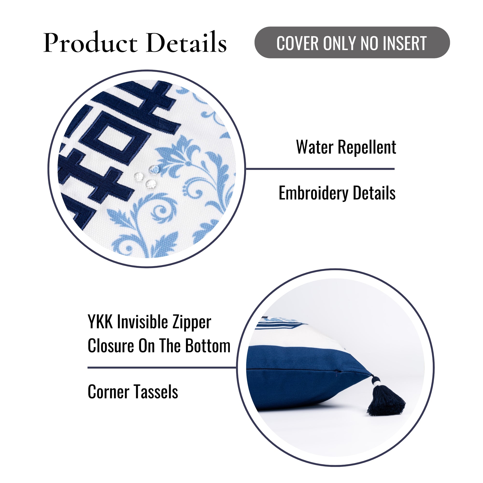 Ruilin Double Happiness, Indoor/Outdoor Navy Blue Chinoiserie Pillow Cover, with Tassels, 20&quot;x20&quot;