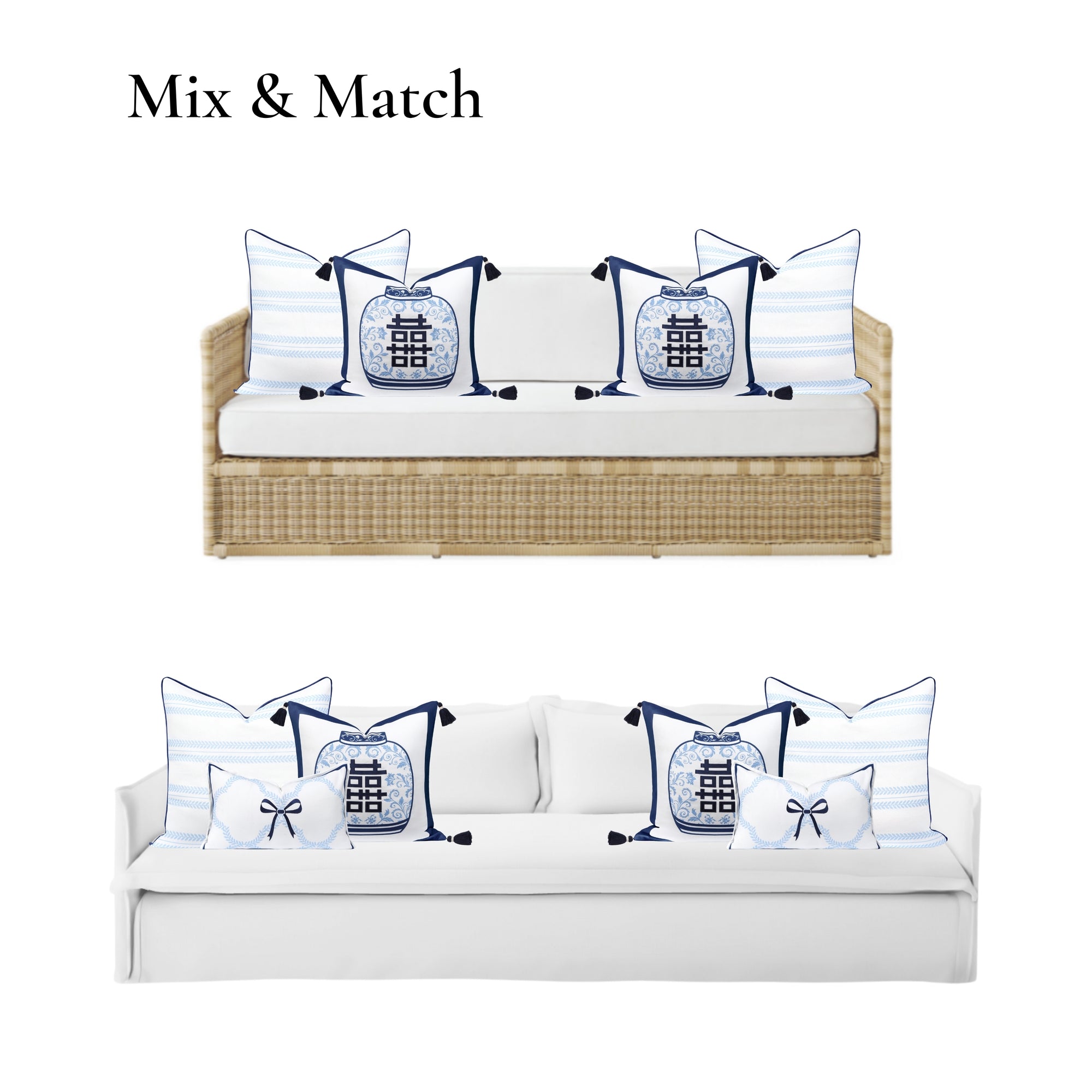 Ruilin Double Happiness, Indoor/Outdoor Navy Blue Chinoiserie Pillow Cover, with Tassels, 20&quot;x20&quot;