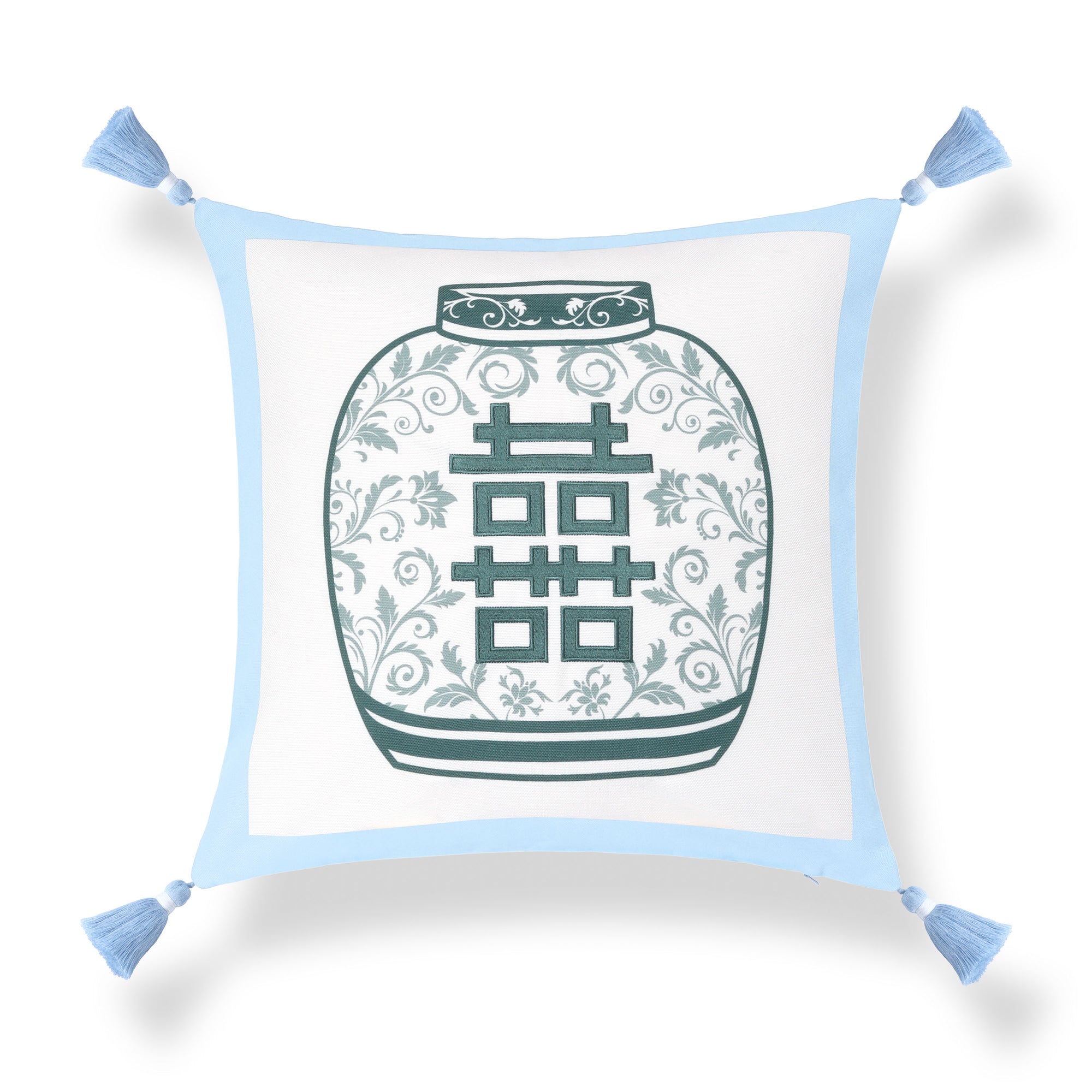 Ruilin Double Happiness, Indoor/Outdoor Green Baby Blue Pillow Cover, with Tassels, 20&quot;x20&quot;