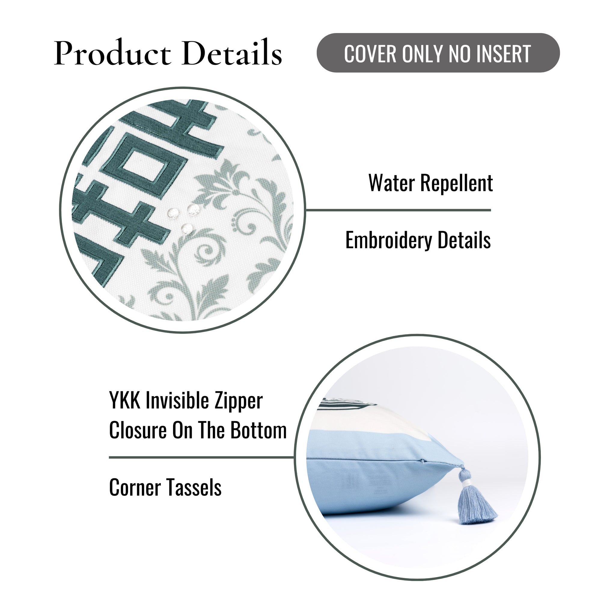 Ruilin Double Happiness, Indoor/Outdoor Green Baby Blue Pillow Cover, with Tassels, 20&quot;x20&quot;