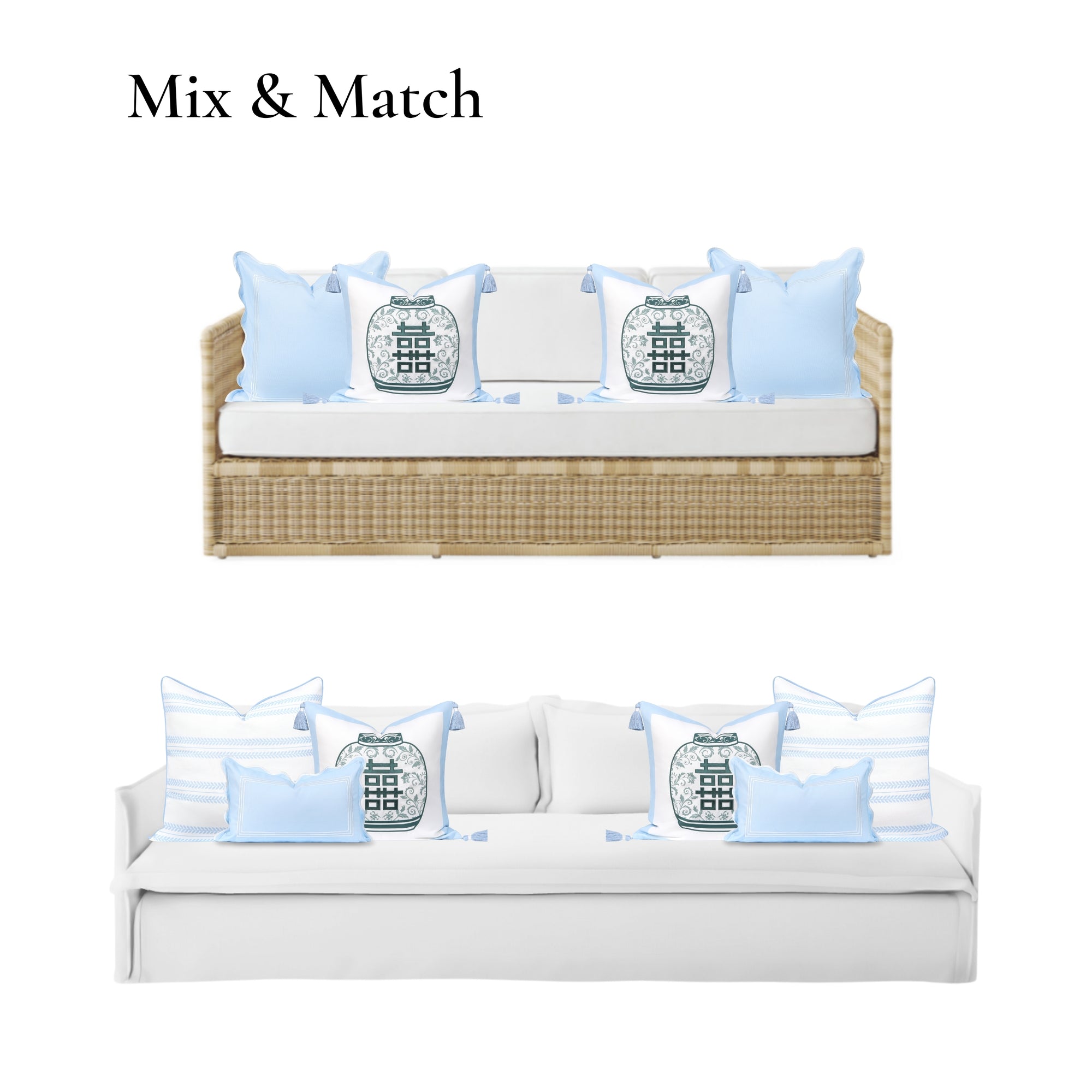 Ruilin Double Happiness, Indoor/Outdoor Green Baby Blue Pillow Cover, with Tassels, 20&quot;x20&quot;