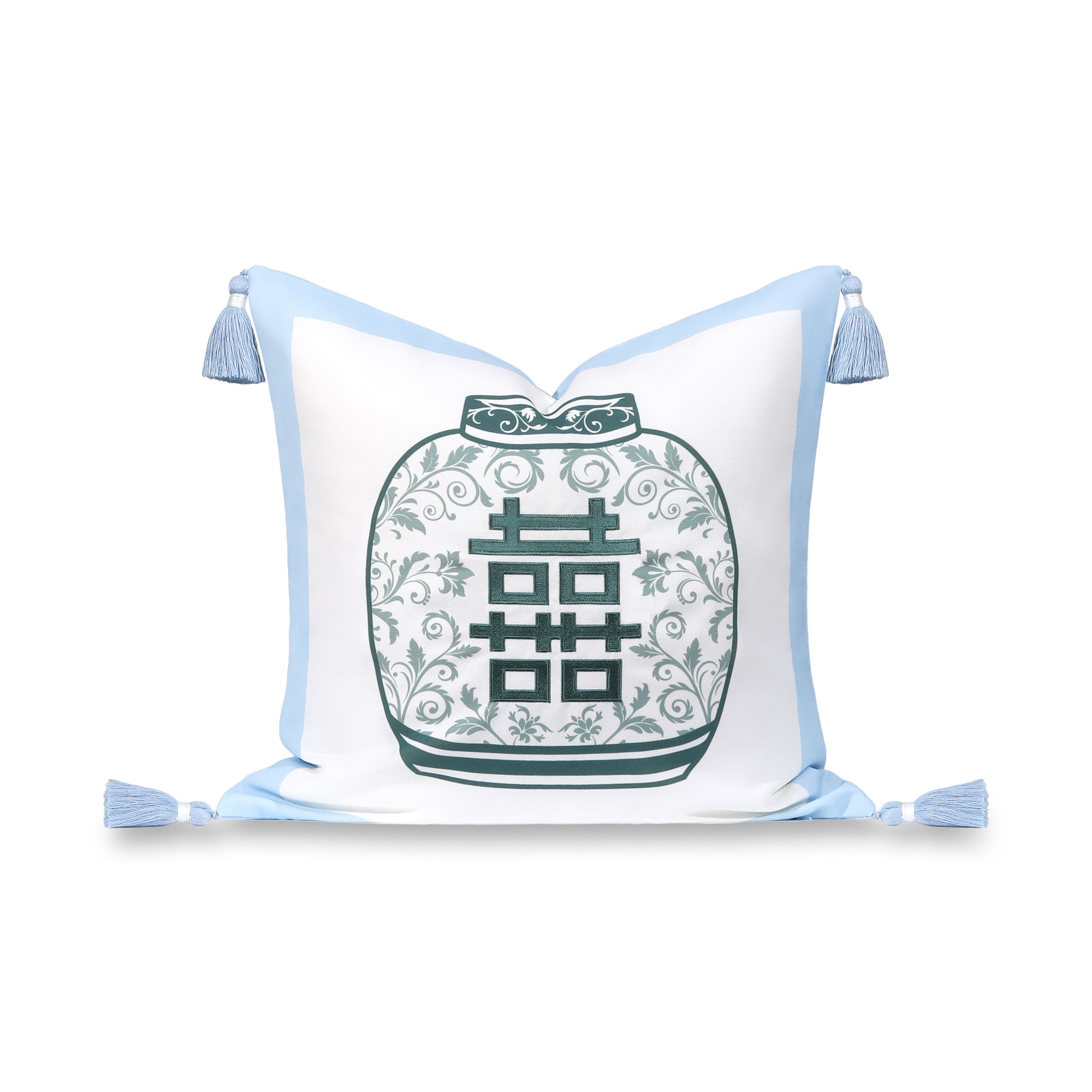 Ruilin Double Happiness, Indoor/Outdoor Green Baby Blue Pillow Cover, with Tassels, 20&quot;x20&quot;