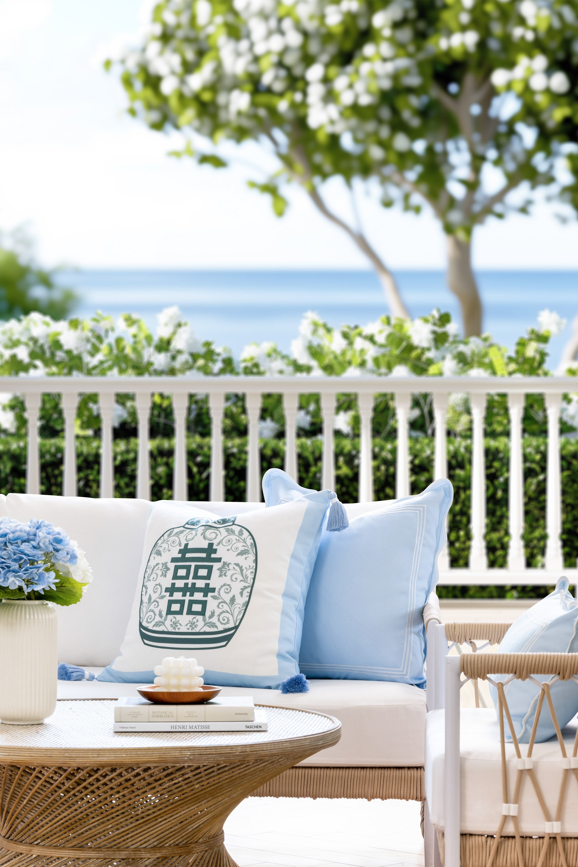 Ruilin Double Happiness, Indoor/Outdoor Green Baby Blue Pillow Cover, with Tassels, 20&quot;x20&quot;