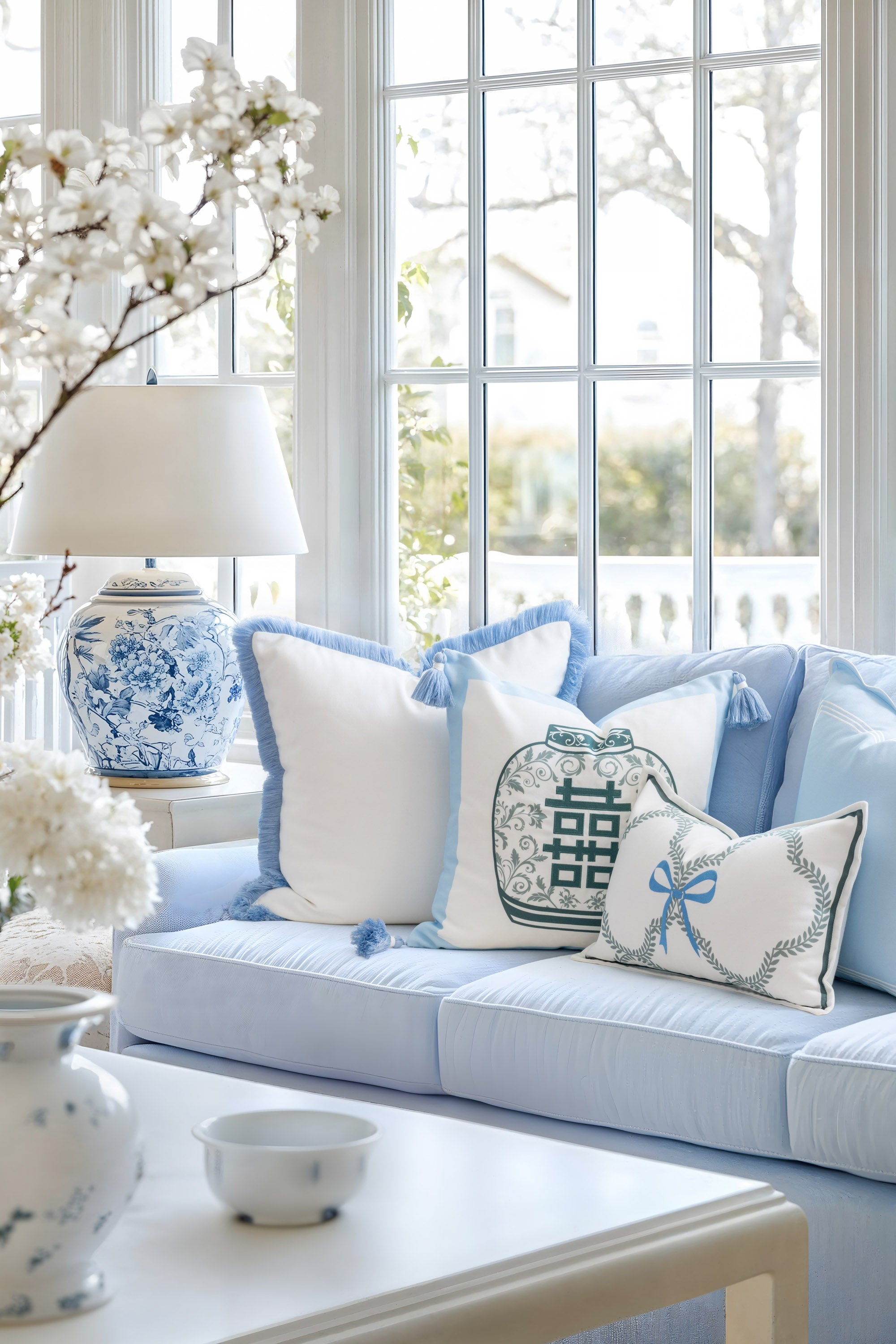 Ruilin Double Happiness, Indoor/Outdoor Green Baby Blue Pillow Cover, with Tassels, 20&quot;x20&quot;