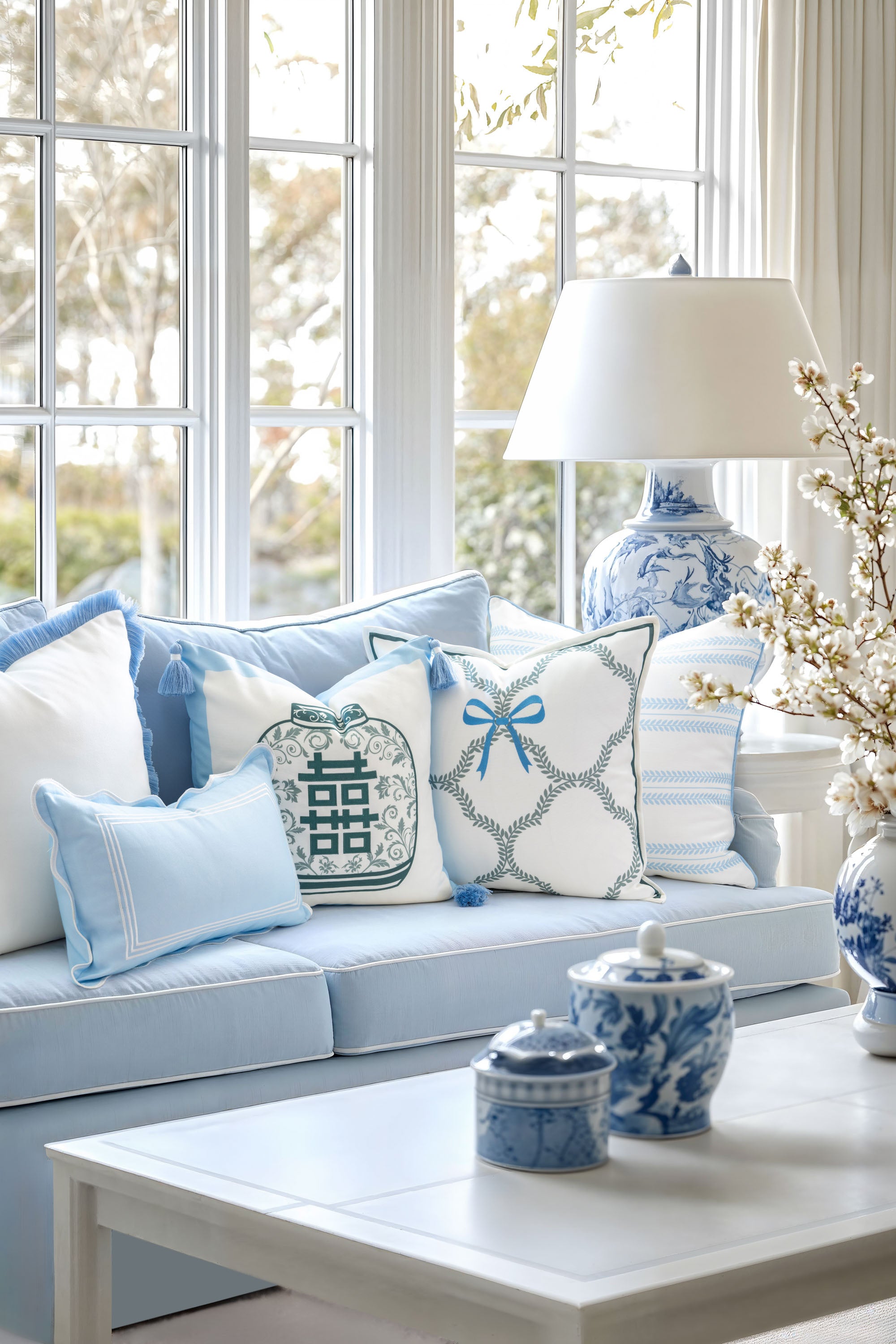 Ruilin Double Happiness, Indoor/Outdoor Green Baby Blue Pillow Cover, with Tassels, 20&quot;x20&quot;