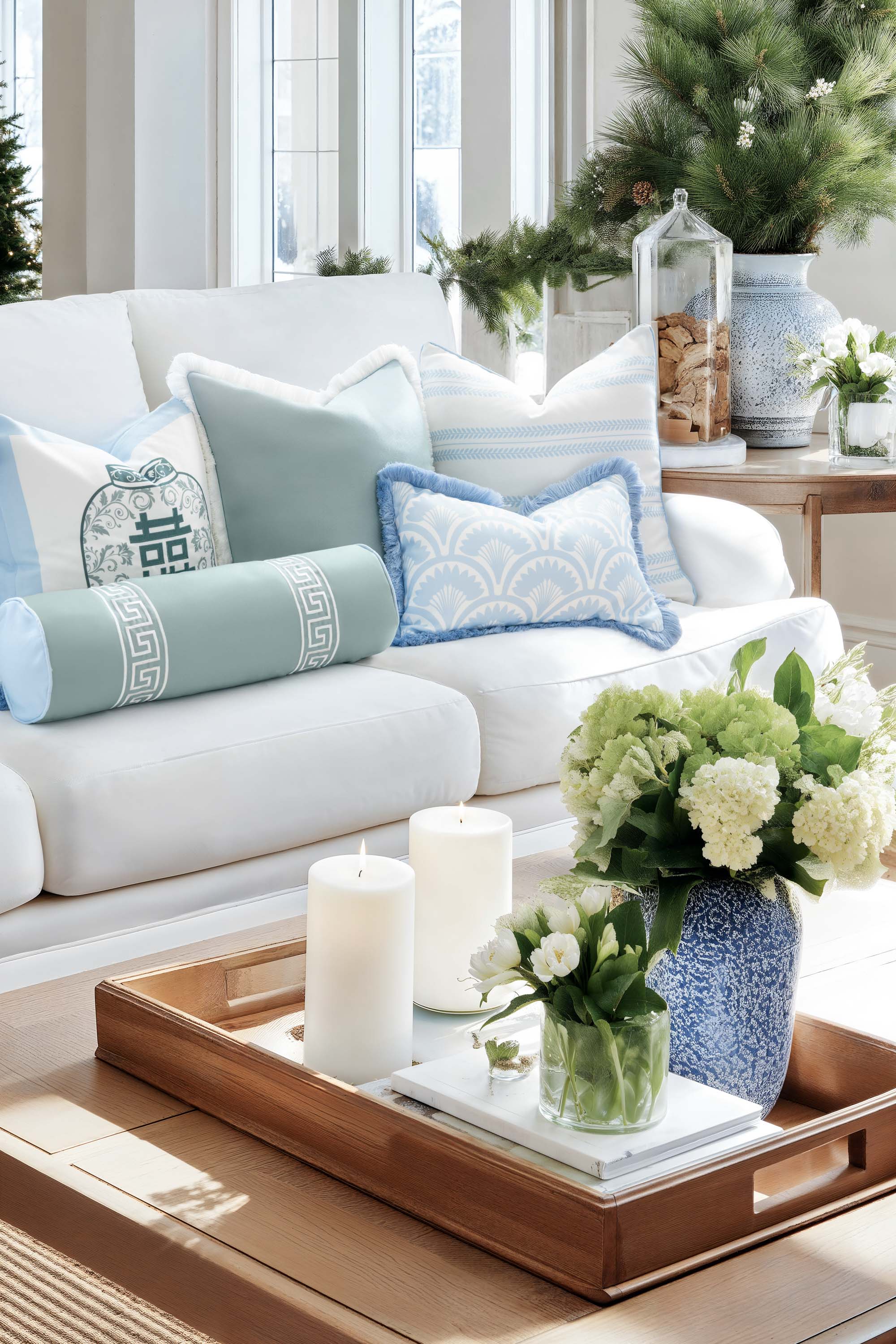 Ruilin Double Happiness, Indoor/Outdoor Green Baby Blue Pillow Cover, with Tassels, 20&quot;x20&quot;