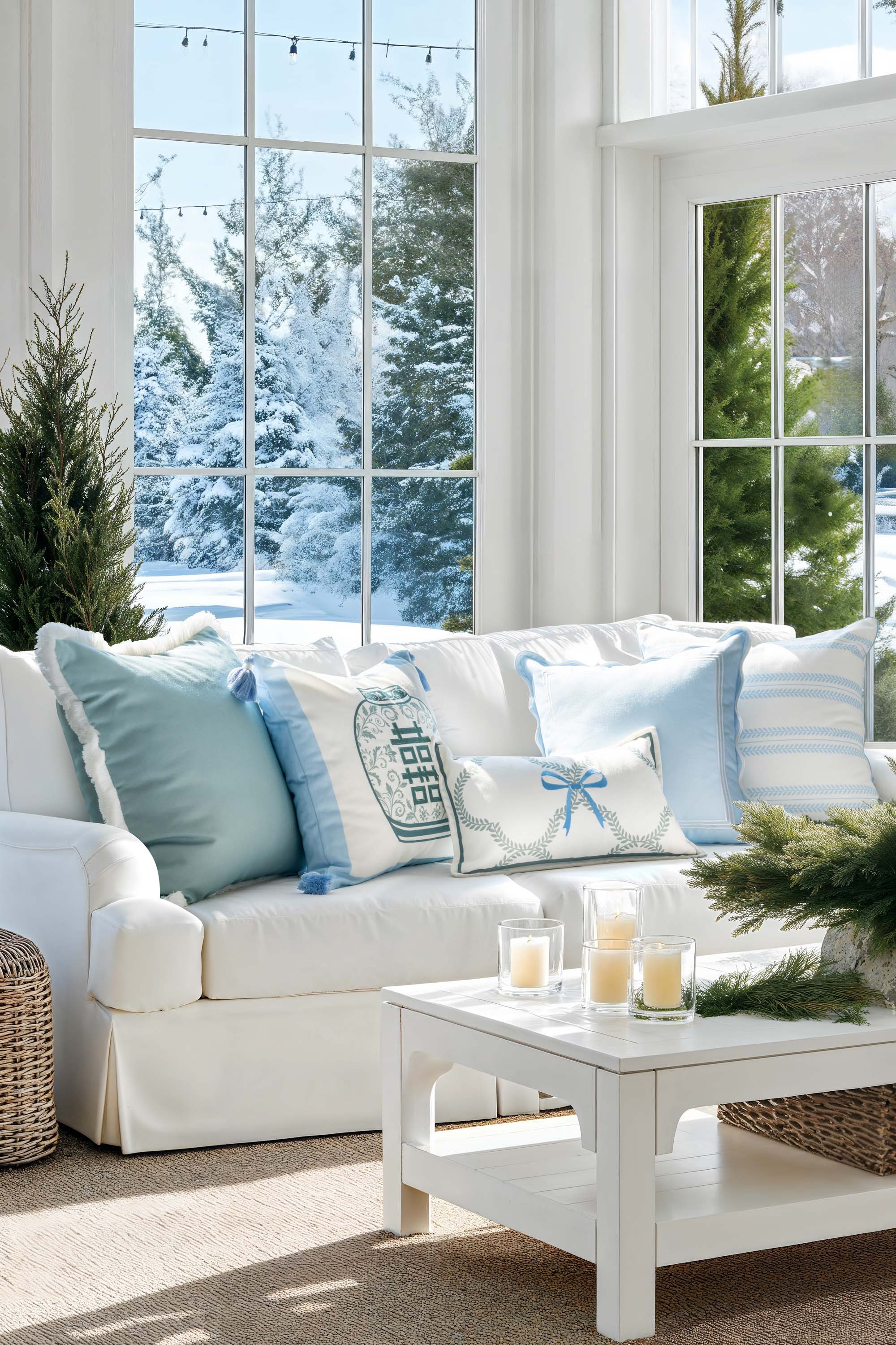 Ruilin Double Happiness, Indoor/Outdoor Green Baby Blue Pillow Cover, with Tassels, 20&quot;x20&quot;