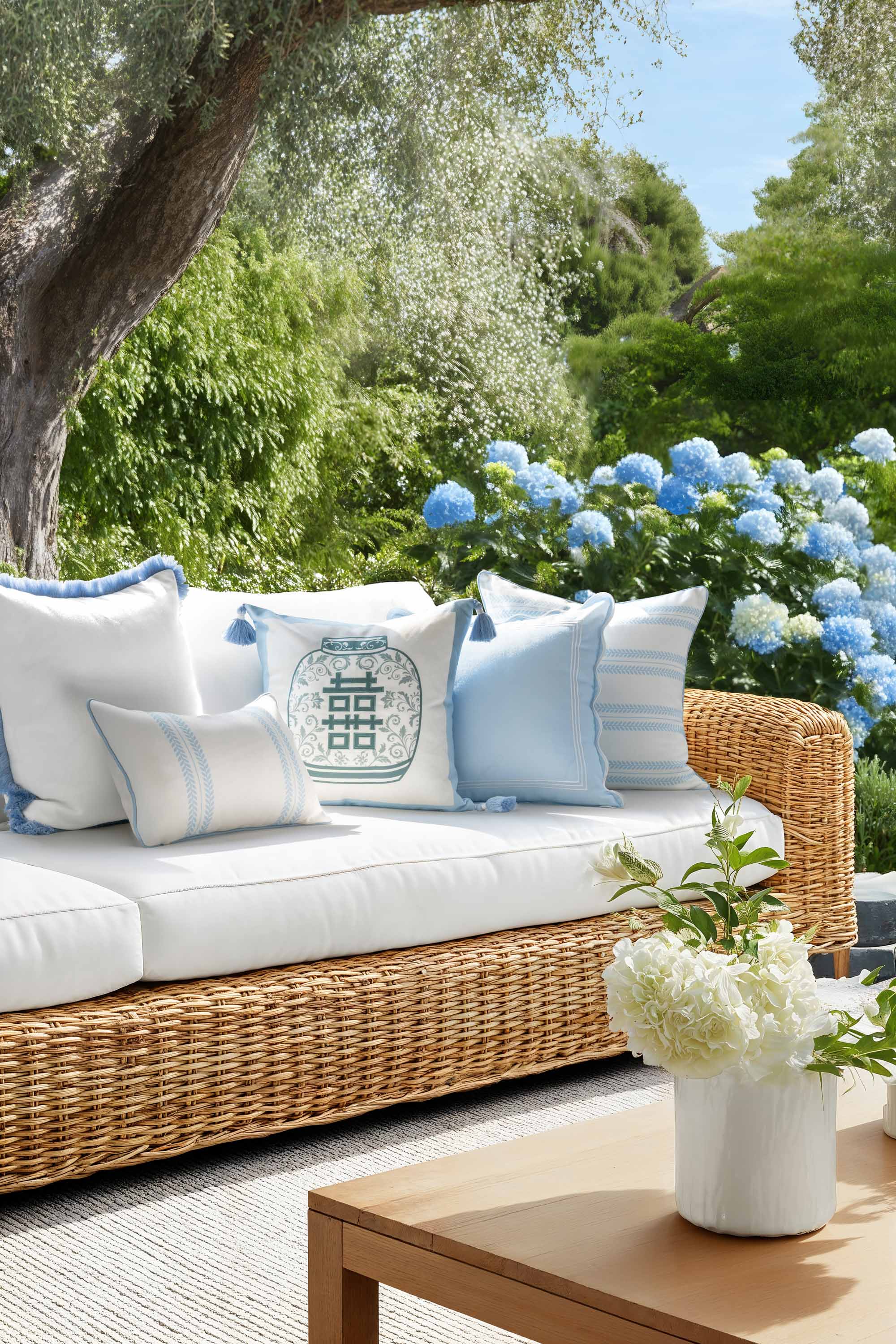Ruilin Double Happiness, Indoor/Outdoor Green Baby Blue Pillow Cover, with Tassels, 20&quot;x20&quot;