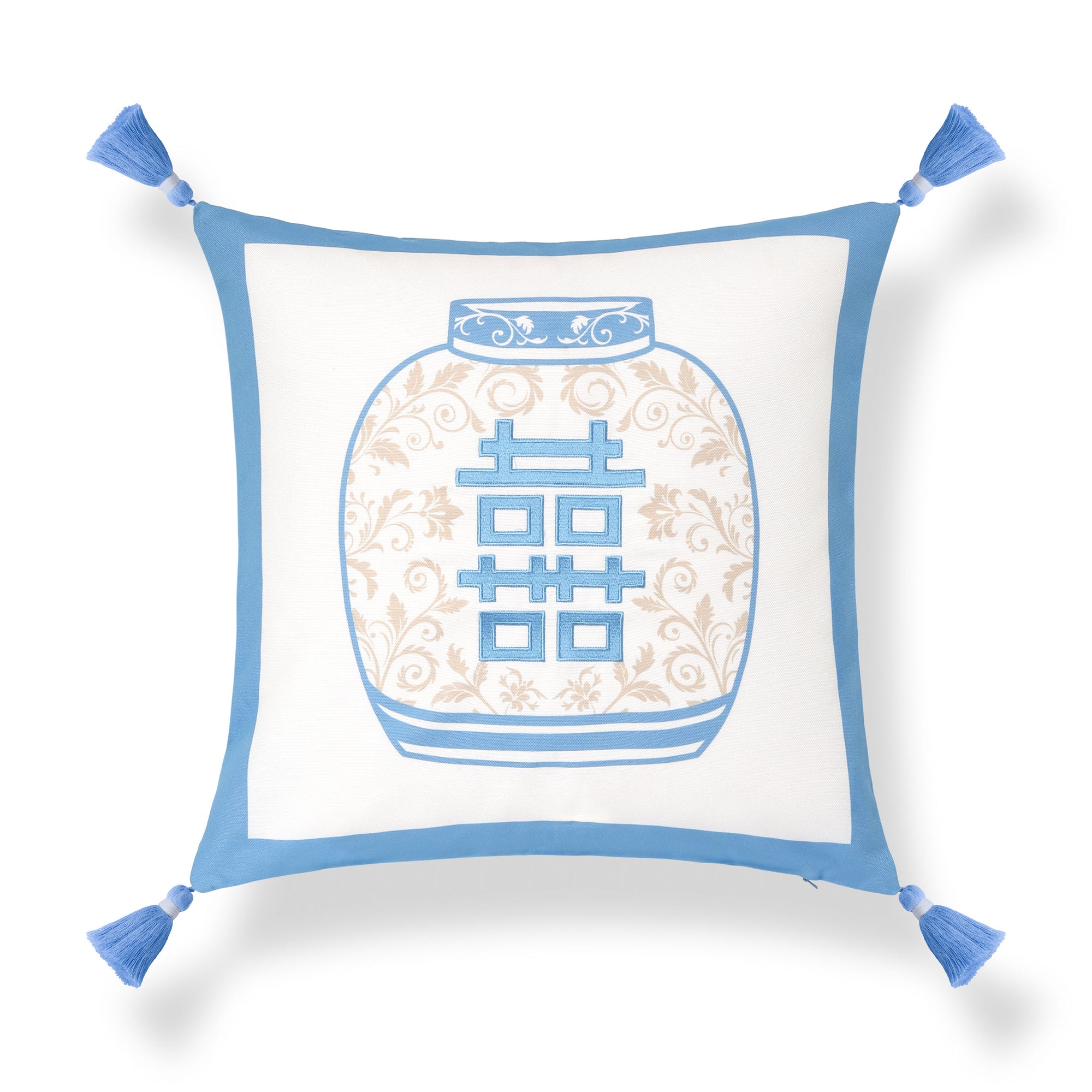 Ruilin Double Happiness, Indoor/Outdoor Azure Blue Chinoiserie Pillow Cover, with Tassels, 20&quot;x20&quot;