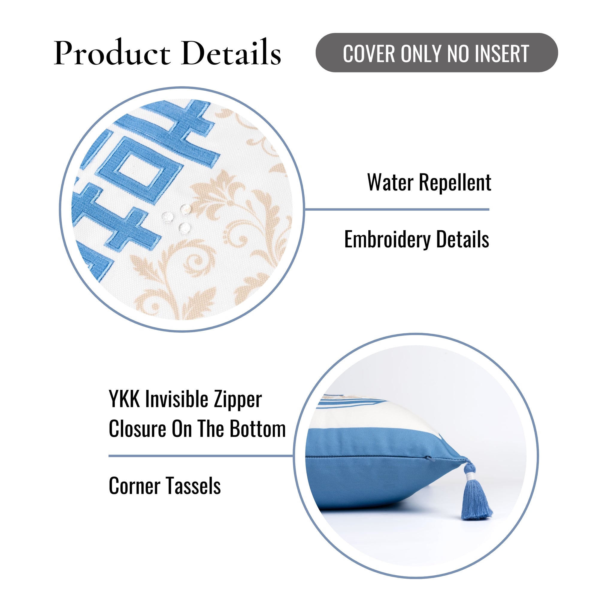 Ruilin Double Happiness, Indoor/Outdoor Azure Blue Chinoiserie Pillow Cover, with Tassels, 20&quot;x20&quot;