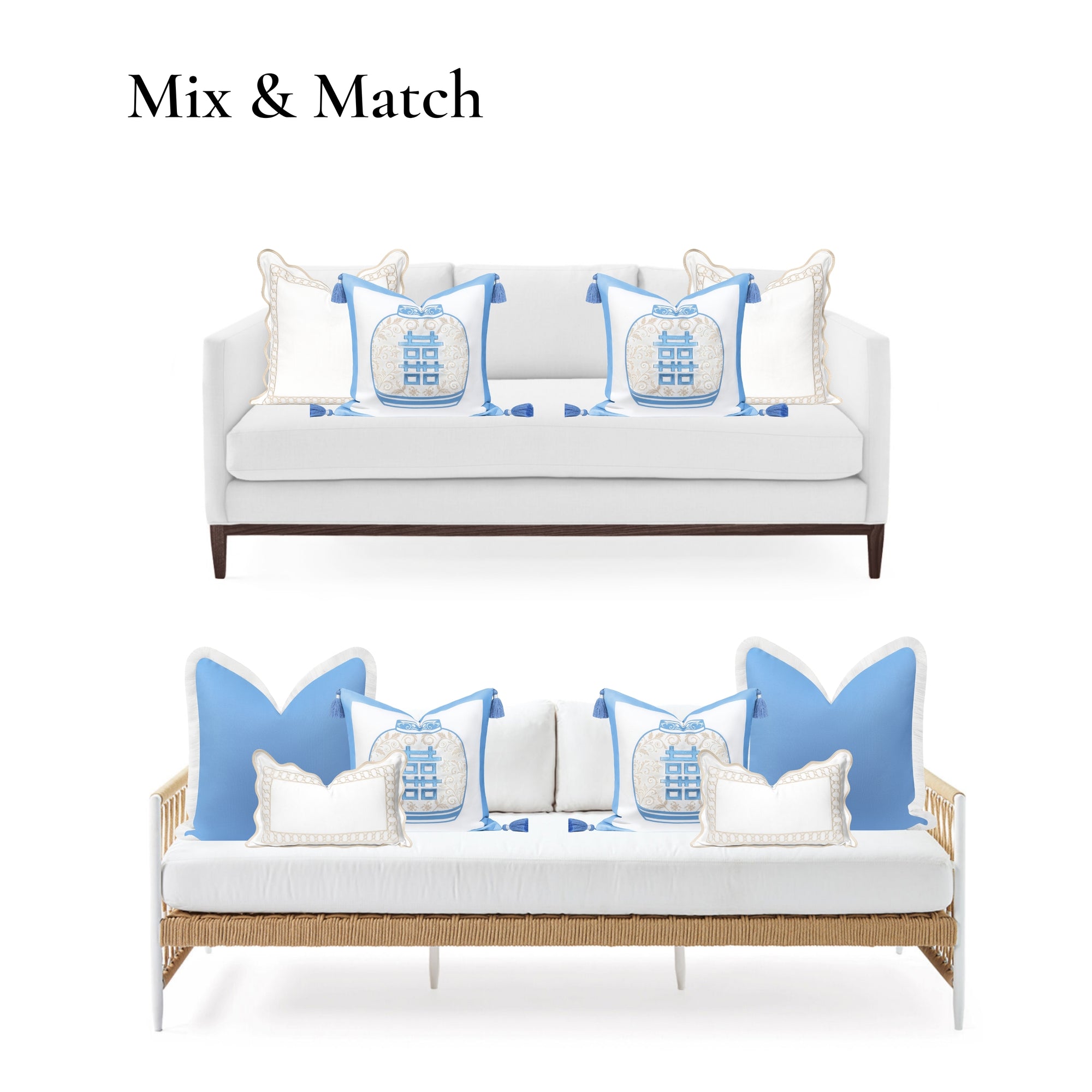 Ruilin Double Happiness, Indoor/Outdoor Azure Blue Chinoiserie Pillow Cover, with Tassels, 20&quot;x20&quot;