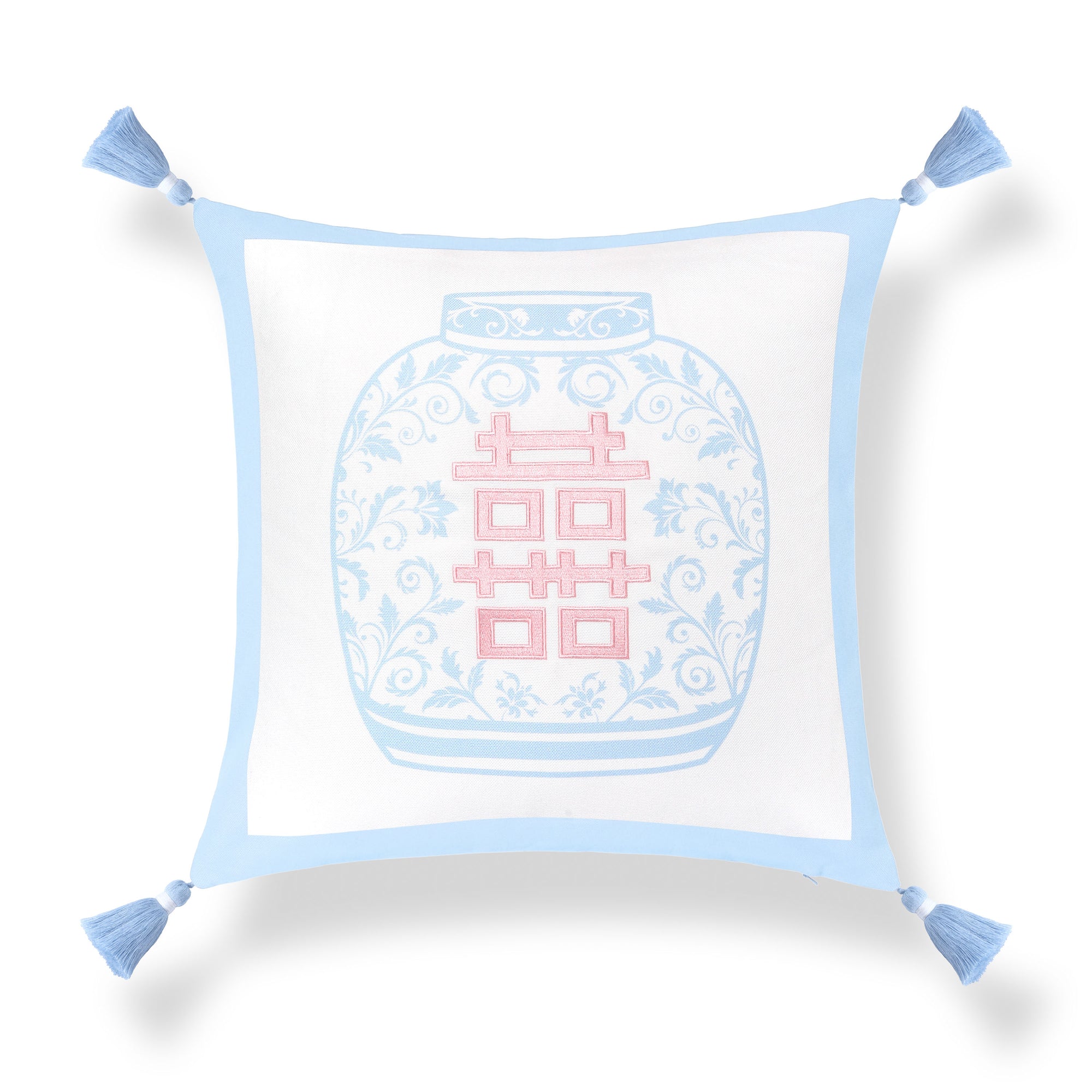 Ruilin Double Happiness, Indoor/Outdoor Pink Baby Blue Pillow Cover, with Tassels, 20&quot;x20&quot;