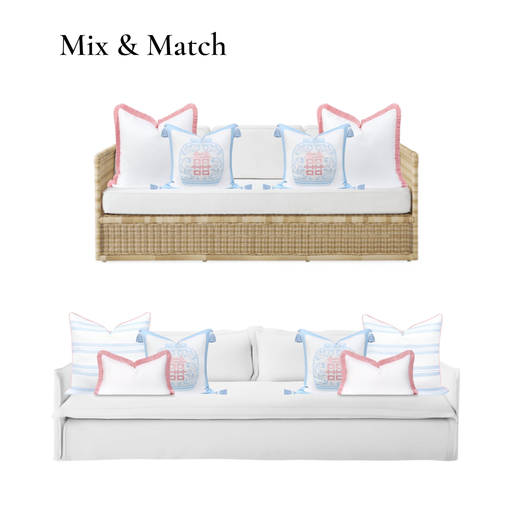 Ruilin Double Happiness, Indoor/Outdoor Pink Baby Blue Pillow Cover, with Tassels, 20&quot;x20&quot;