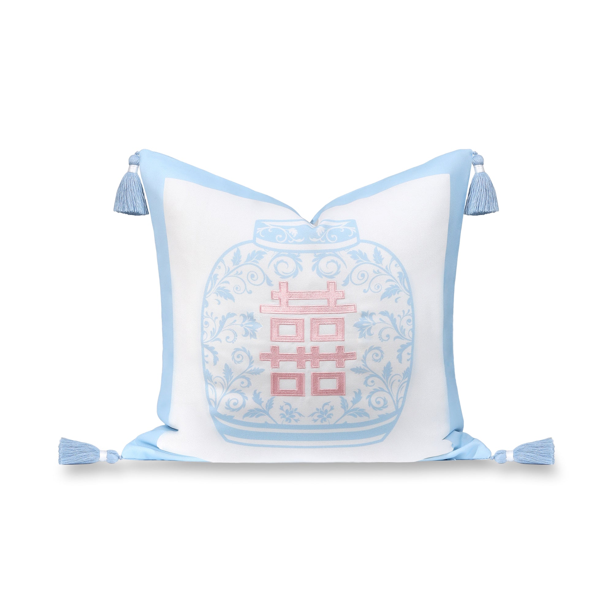 Ruilin Double Happiness, Indoor/Outdoor Pink Baby Blue Pillow Cover, with Tassels, 20&quot;x20&quot;