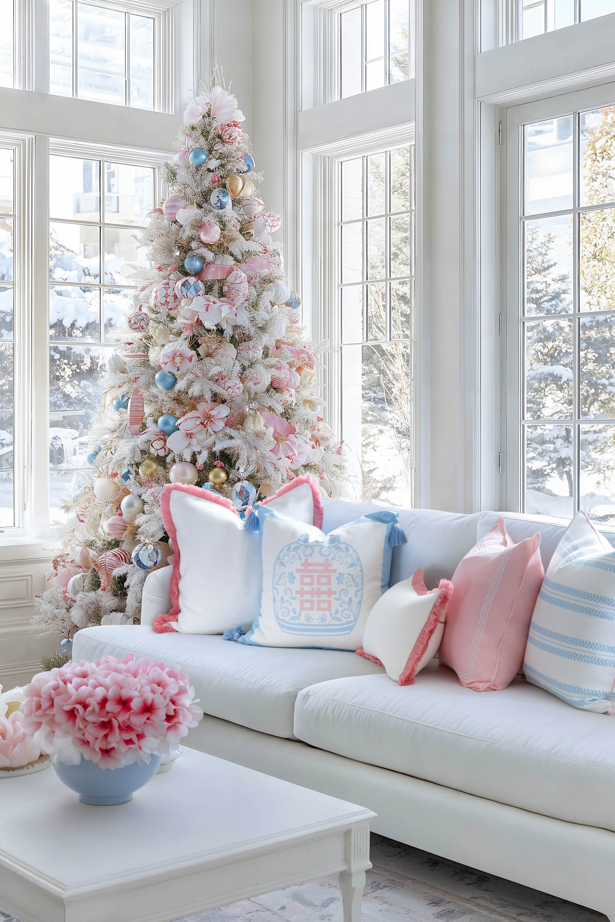 Ruilin Double Happiness, Indoor/Outdoor Pink Baby Blue Pillow Cover, with Tassels, 20&quot;x20&quot;