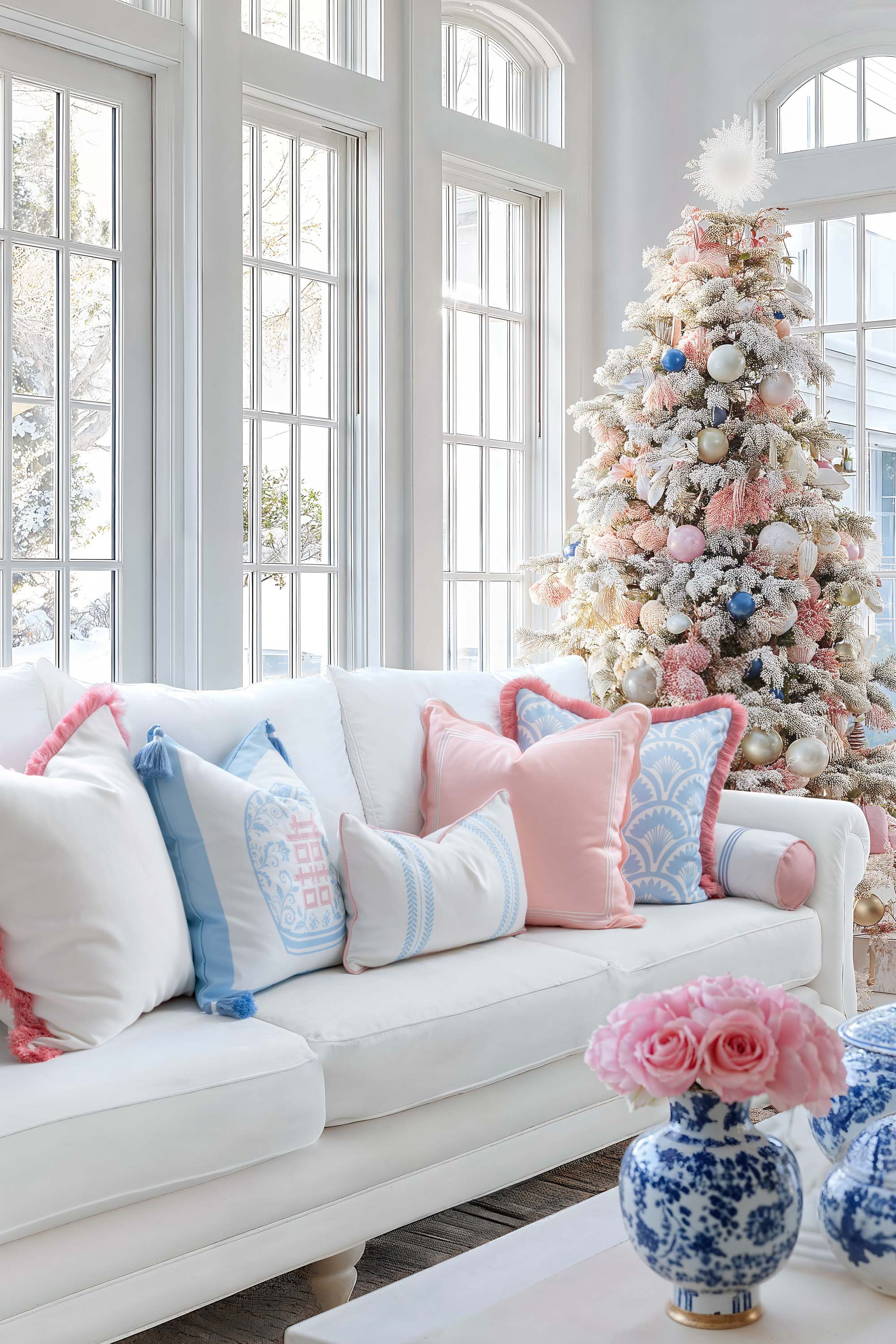 Ruilin Double Happiness, Indoor/Outdoor Pink Baby Blue Pillow Cover, with Tassels, 20&quot;x20&quot;