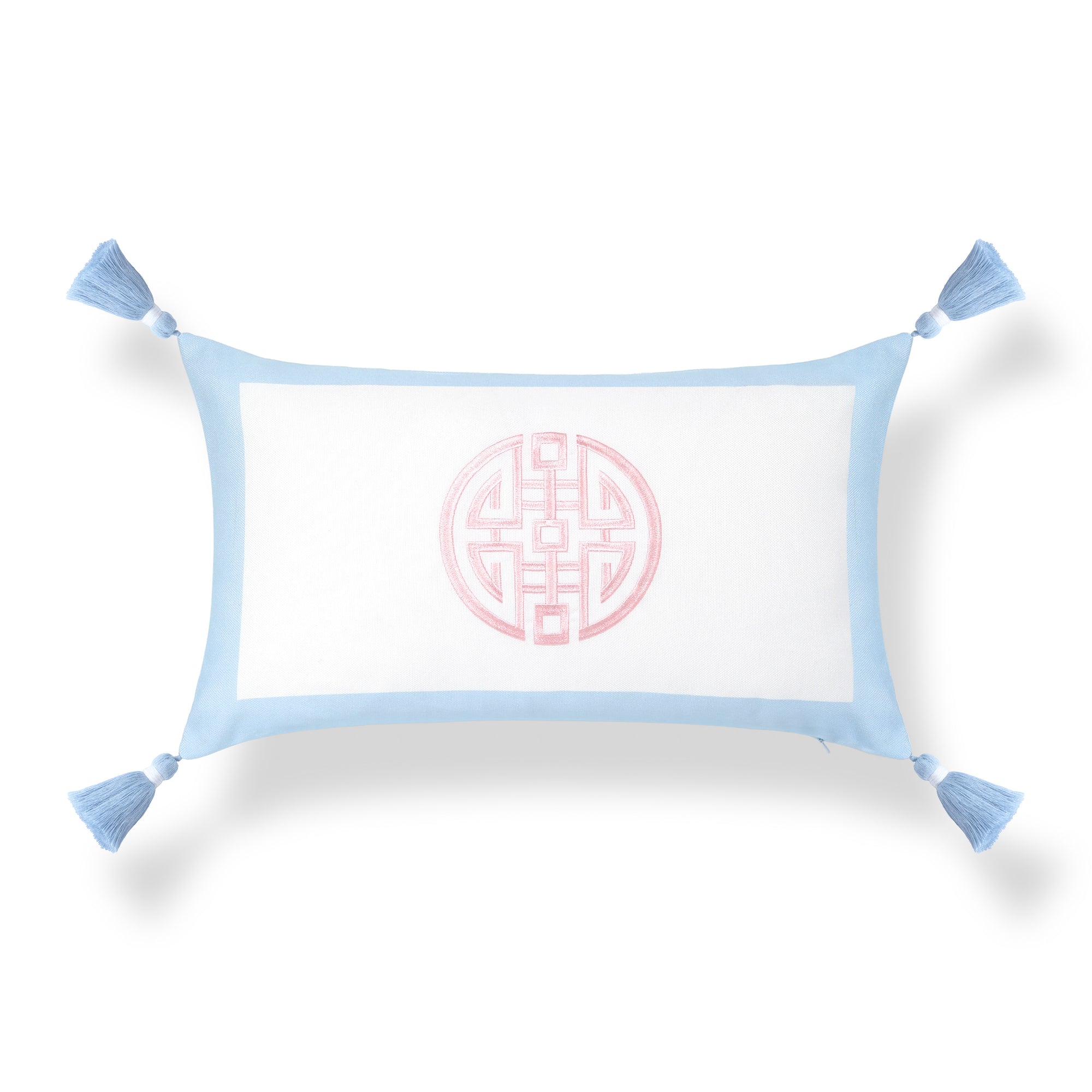 Ruilin Double Happiness, Indoor/Outdoor Baby Blue Embroidered Lumbar Pillow Cover, with Tassels, 12&quot;x20&quot;