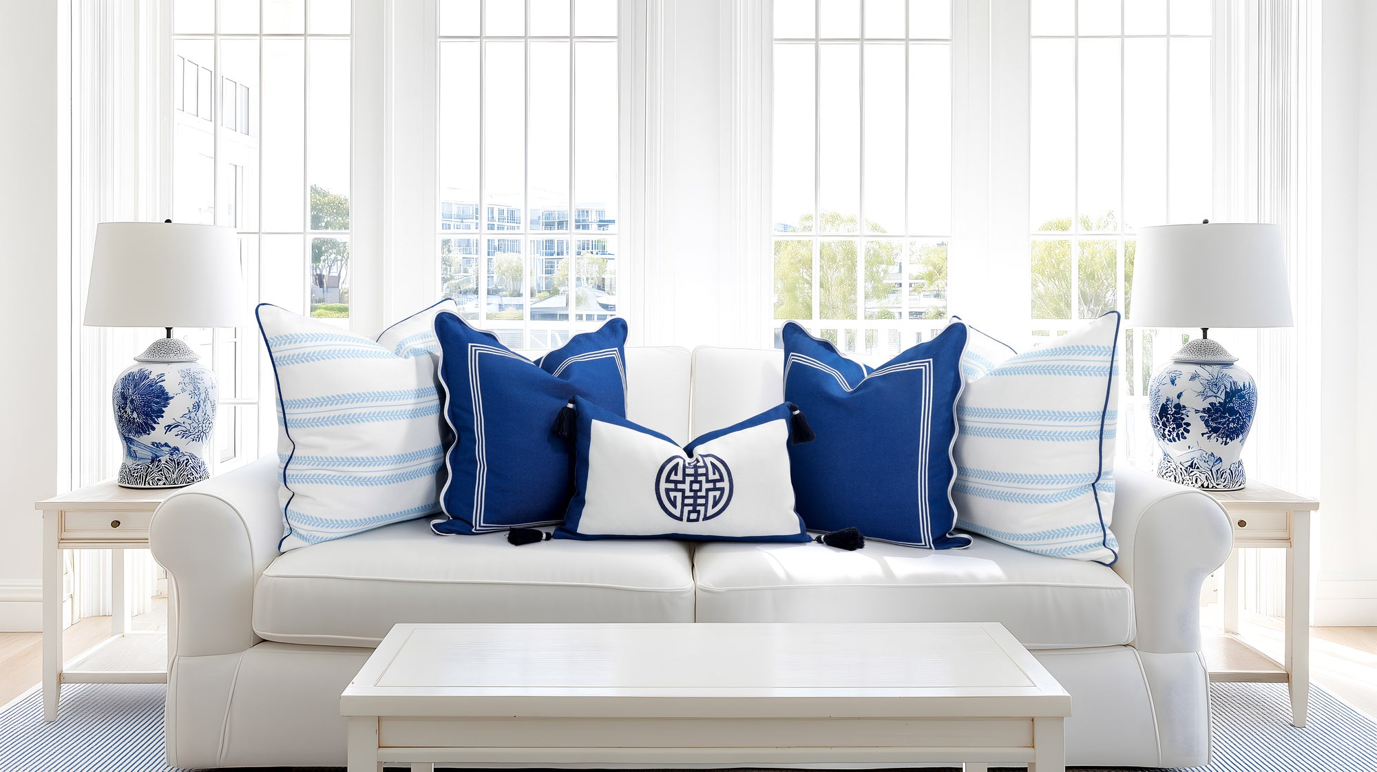 Verdra Leaf Striped, Indoor/Outdoor Baby Blue Striped Pillow Cover, with Piping, 22&quot;x22&quot;