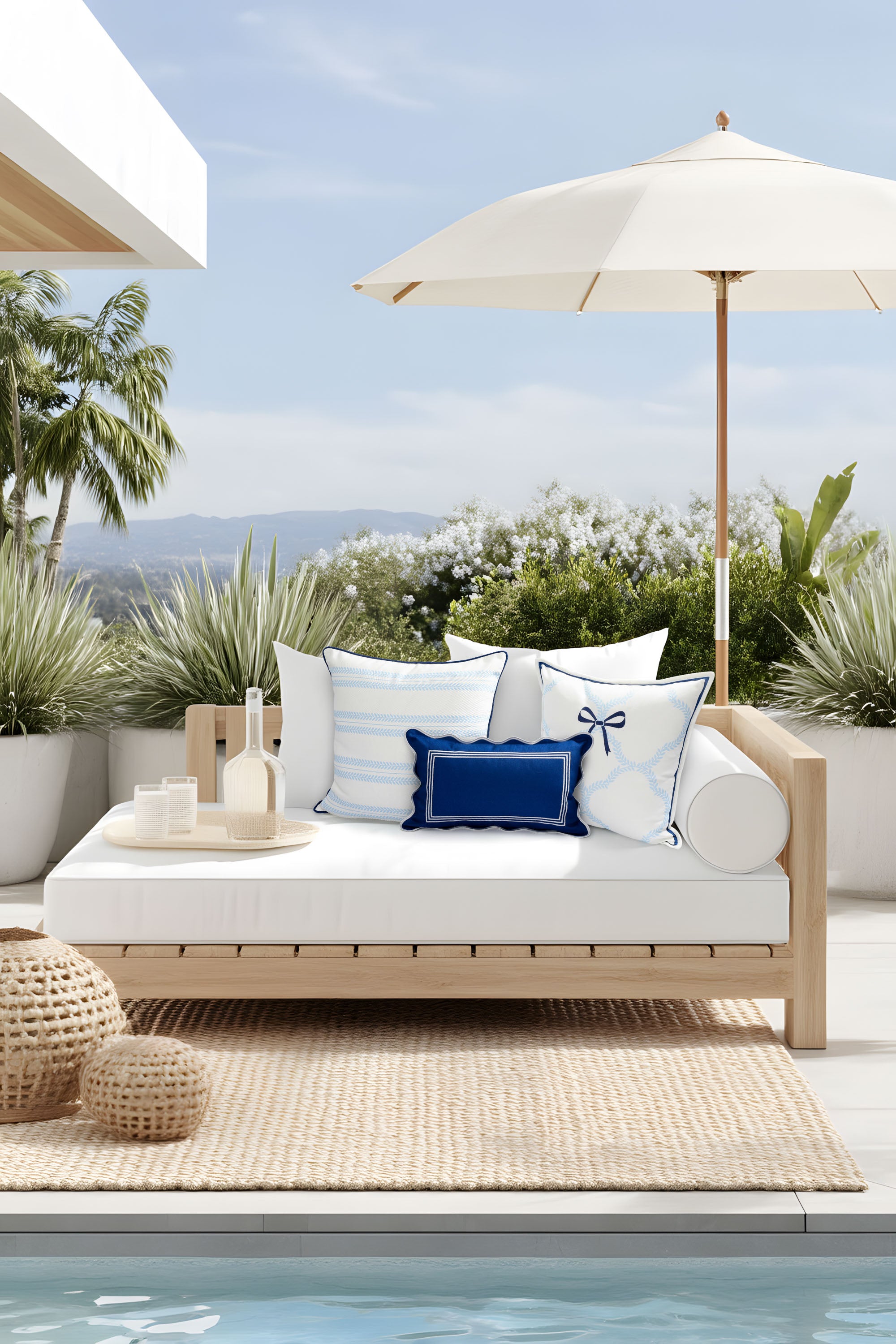 Verdra Leaf Striped, Indoor/Outdoor Baby Blue Striped Pillow Cover, with Piping, 22&quot;x22&quot;