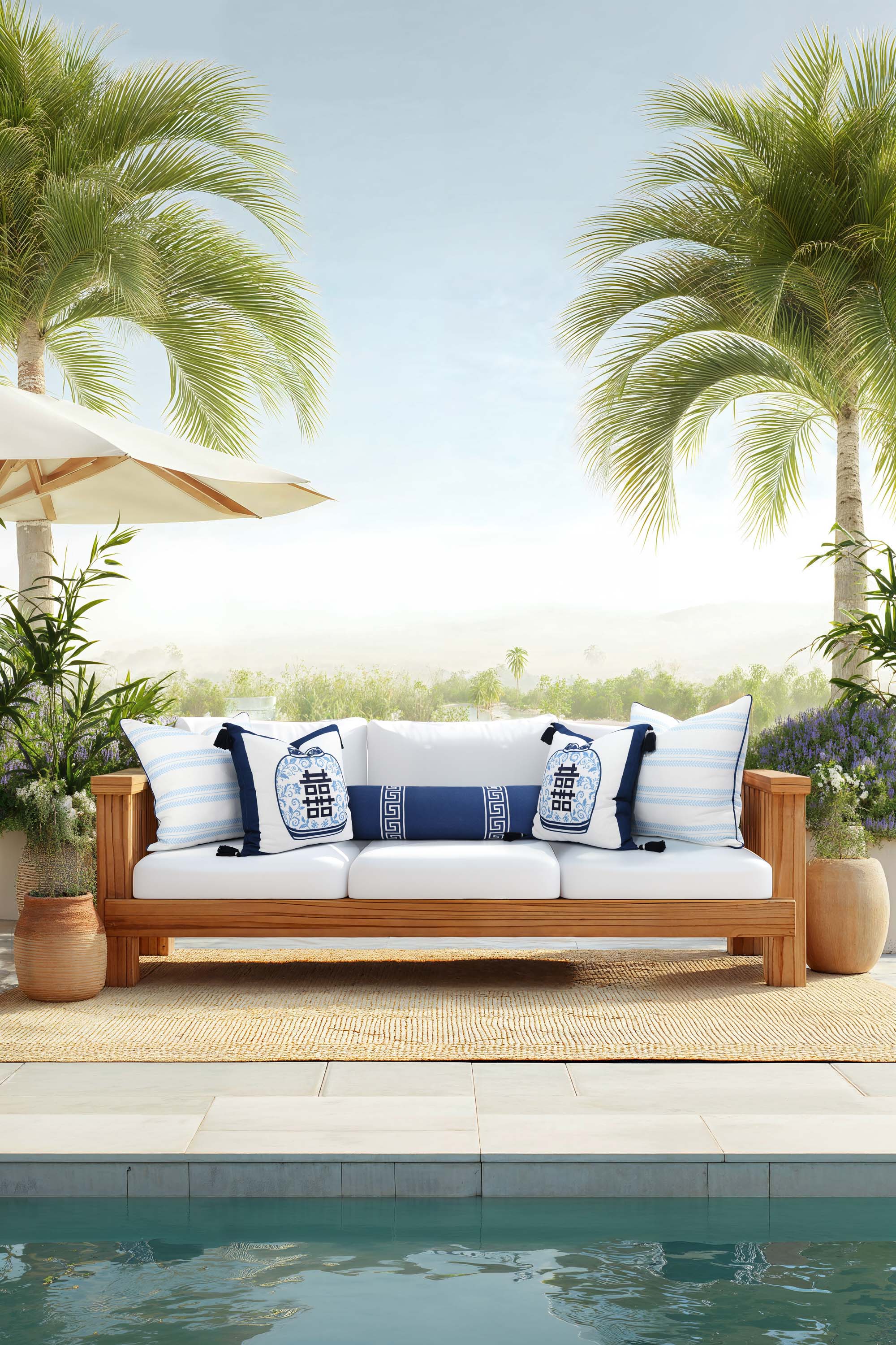 Verdra Leaf Striped, Indoor/Outdoor Baby Blue Striped Pillow Cover, with Piping, 22&quot;x22&quot;