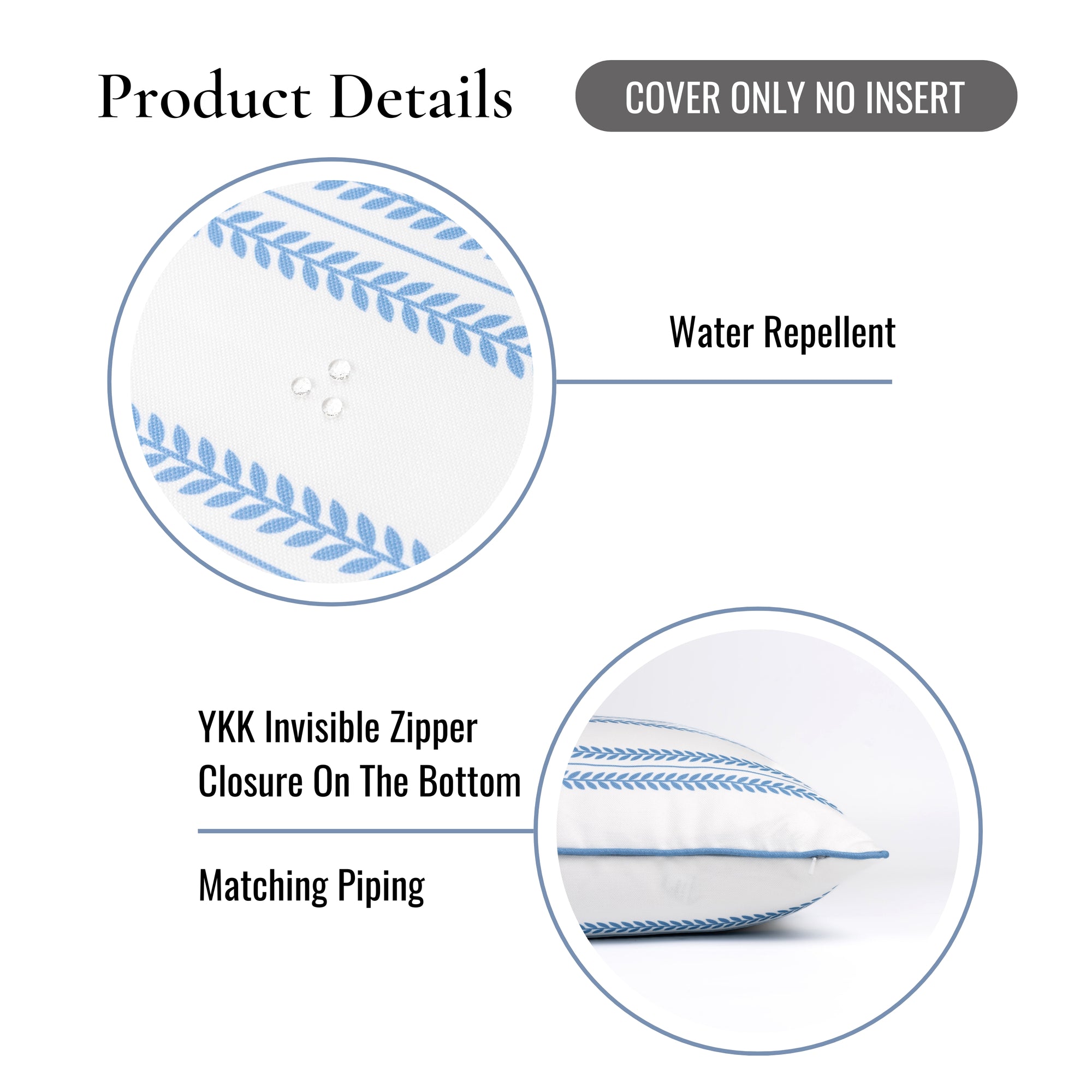 Verdra Leaf Striped, Indoor/Outdoor Azure Blue Striped Pillow Cover, with Piping, 22&quot;x22&quot;