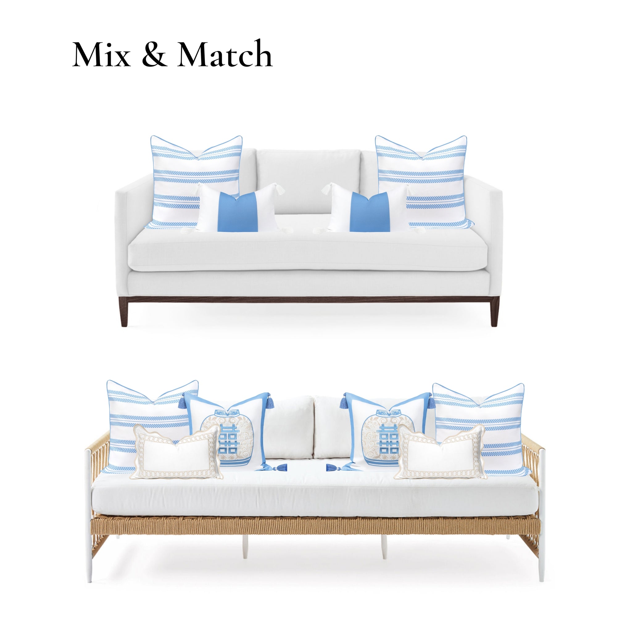 Verdra Leaf Striped, Indoor/Outdoor Azure Blue Striped Pillow Cover, with Piping, 22&quot;x22&quot;