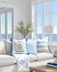Verdra Leaf Striped, Indoor/Outdoor Azure Blue Striped Pillow Cover, with Piping, 22"x22"