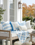 Verdra Leaf Striped, Indoor/Outdoor Azure Blue Striped Pillow Cover, with Piping, 22"x22"