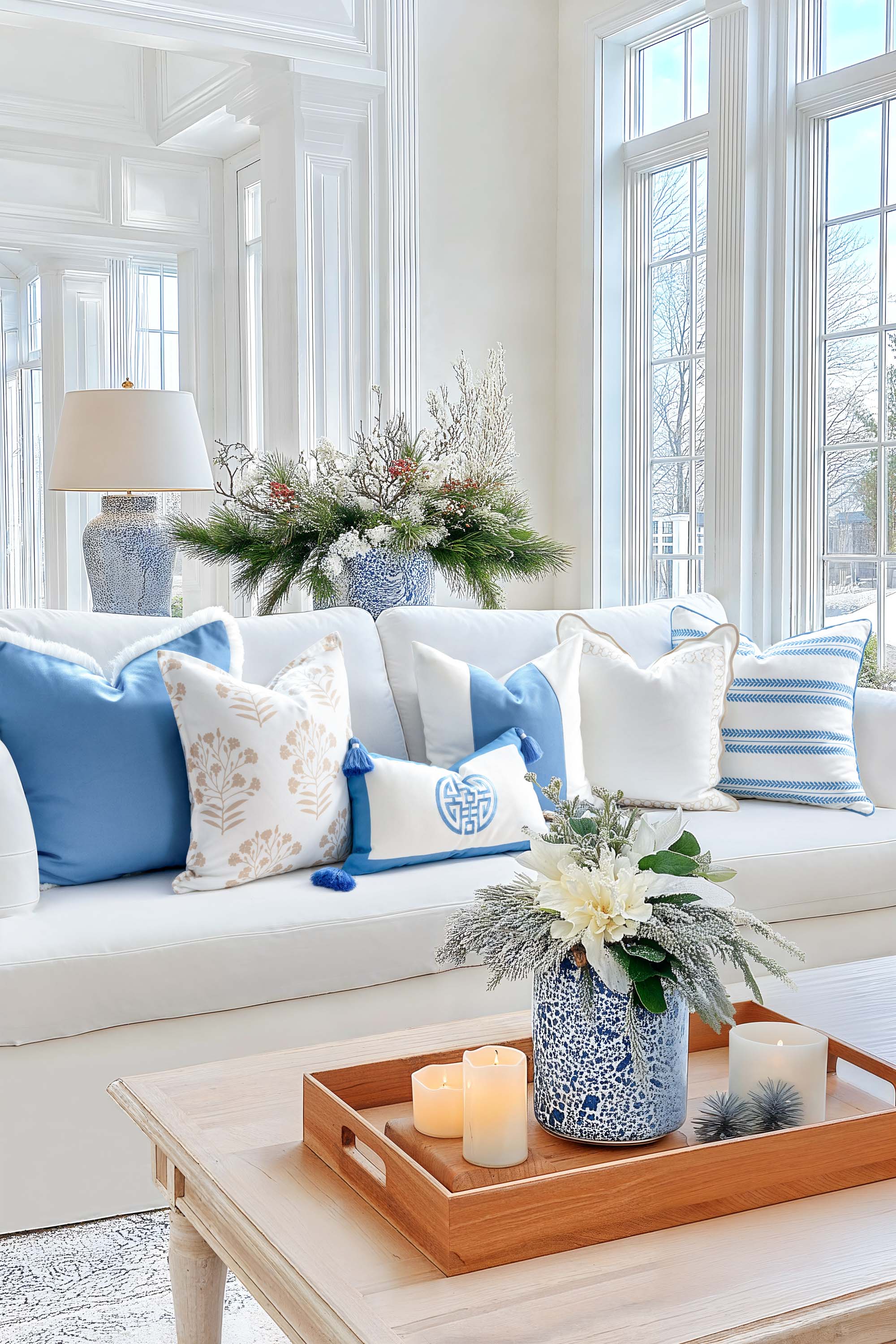 Verdra Leaf Striped, Indoor/Outdoor Azure Blue Striped Pillow Cover, with Piping, 22&quot;x22&quot;