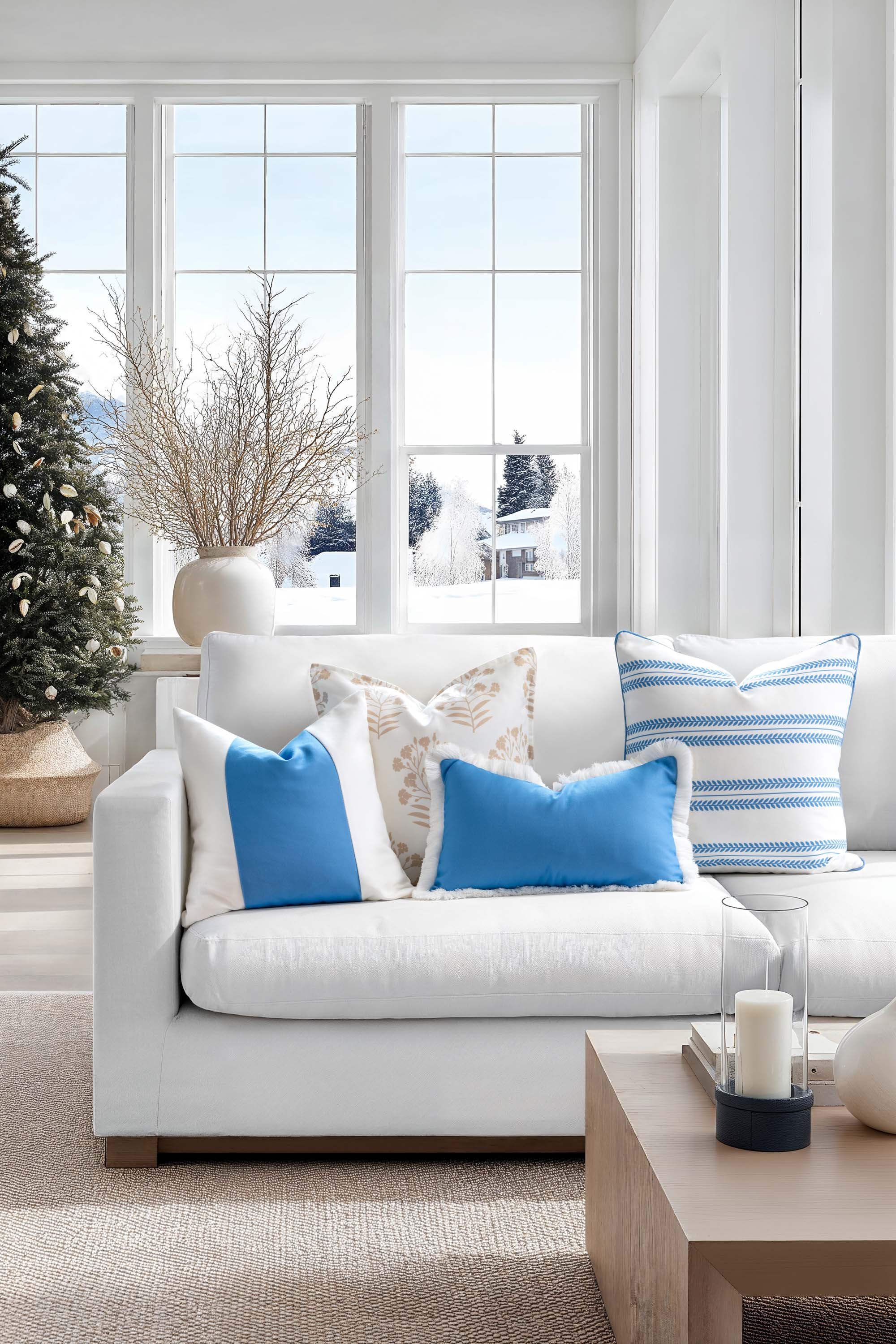 Verdra Leaf Striped, Indoor/Outdoor Azure Blue Striped Pillow Cover, with Piping, 22&quot;x22&quot;