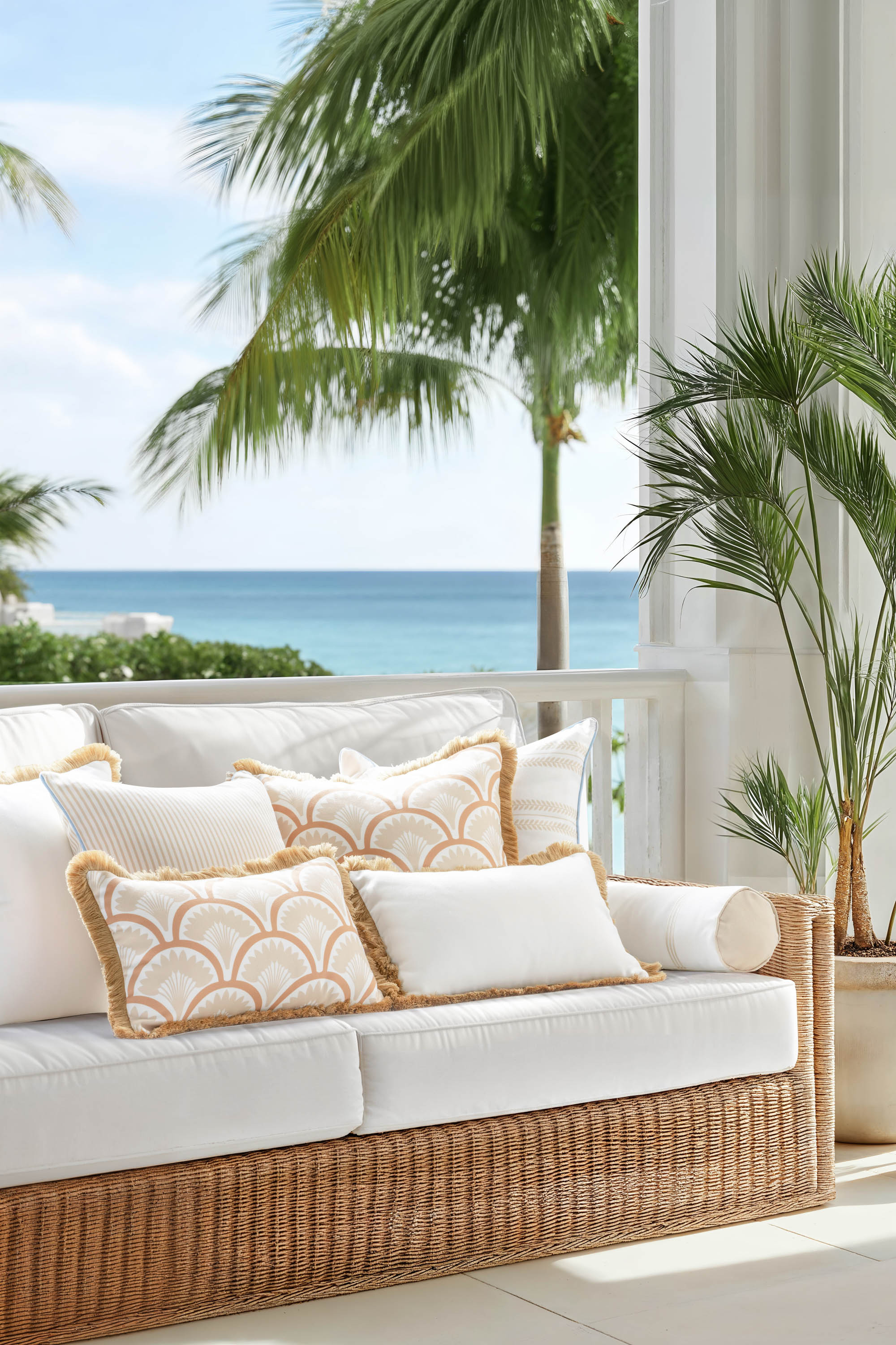 Verdra Leaf Striped, Indoor/Outdoor Tan Striped Pillow Cover, with Piping, 22&quot;x22&quot;
