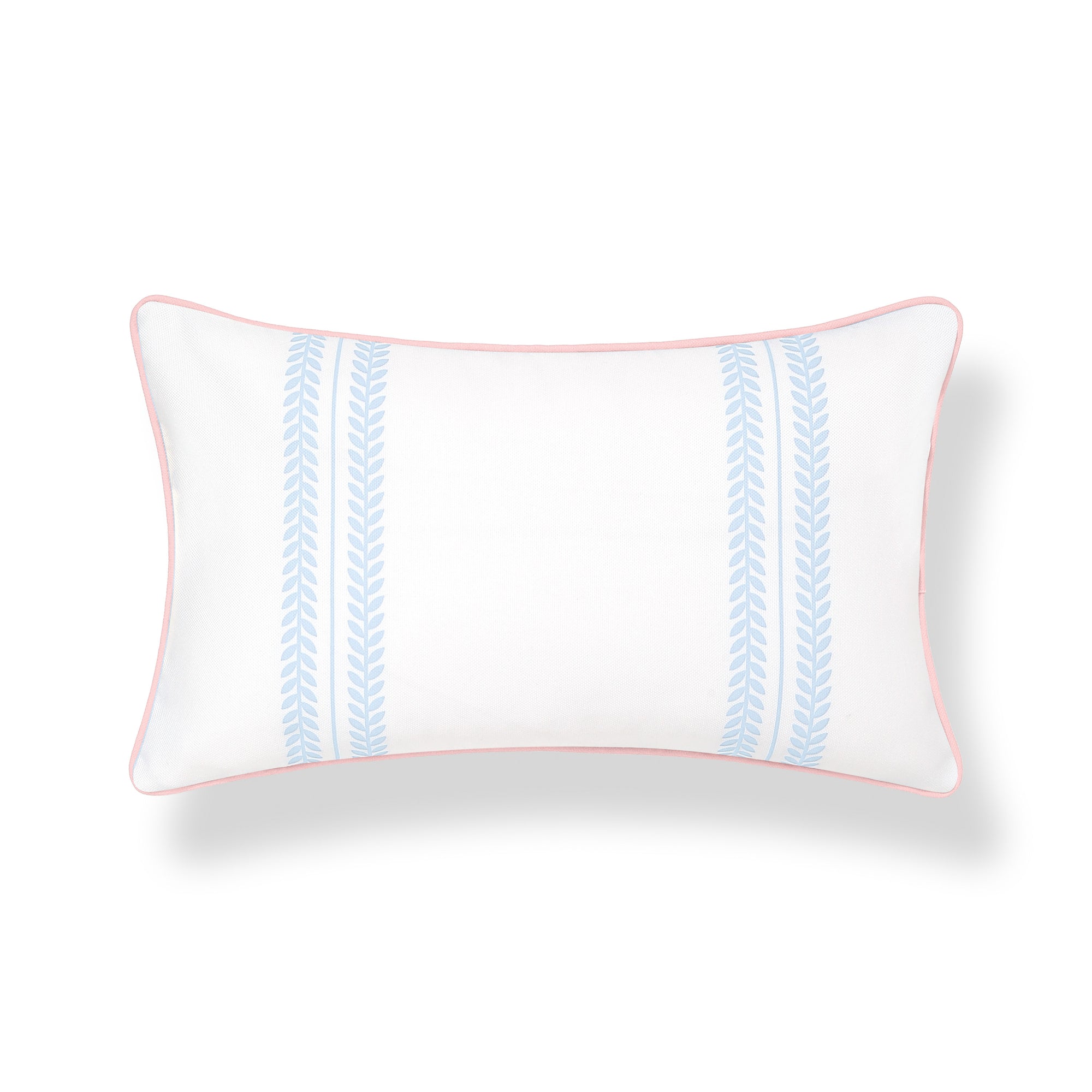 Verdra Leaf Striped, Indoor/Outdoor Blue Striped Lumbar Pillow Cover, with Pink Piping, 12&quot;x20&quot;