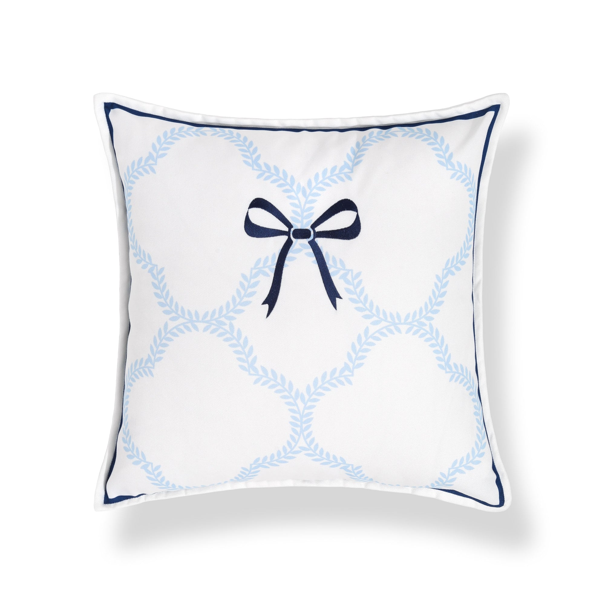 Wreathia, Indoor/Outdoor Navy Blue Bow Pillow Cover, with Flanged Border, 20&quot;x20&quot;