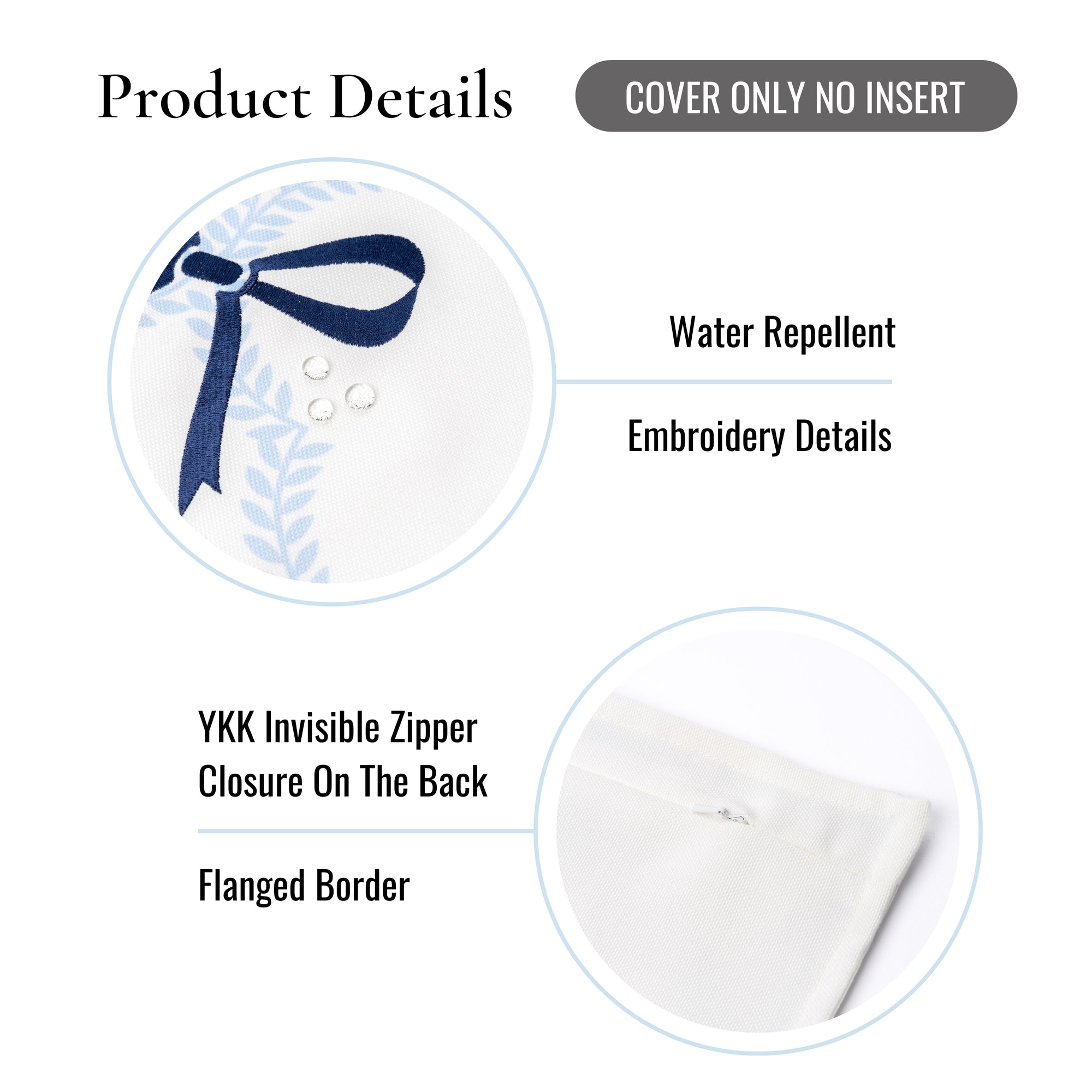 Wreathia, Indoor/Outdoor Navy Blue Bow Pillow Cover, with Flanged Border, 20&quot;x20&quot;