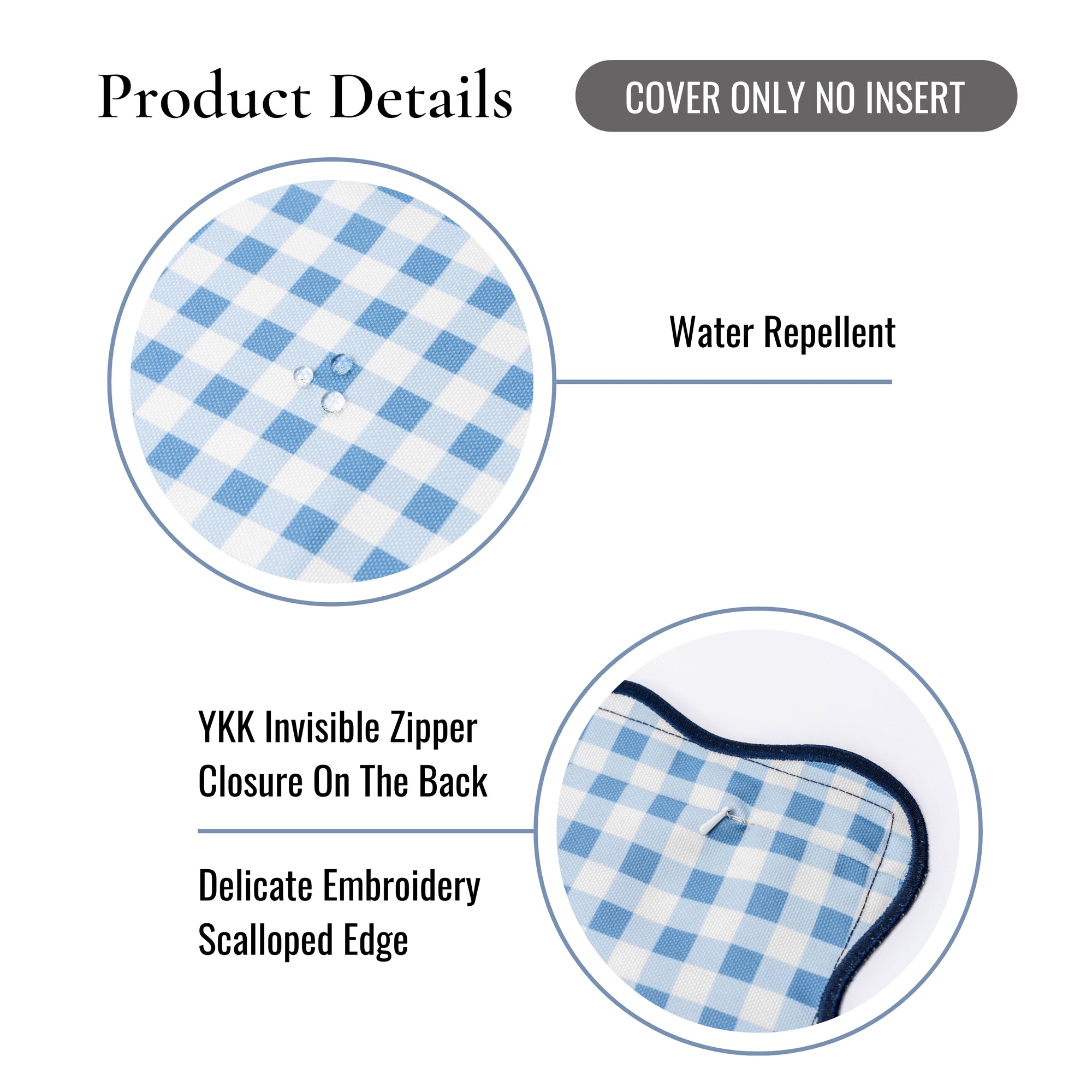 Lune, Indoor/Outdoor Azure Blue Gingham Pillow Case, with Scalloped Border, 20&quot;x20&quot;