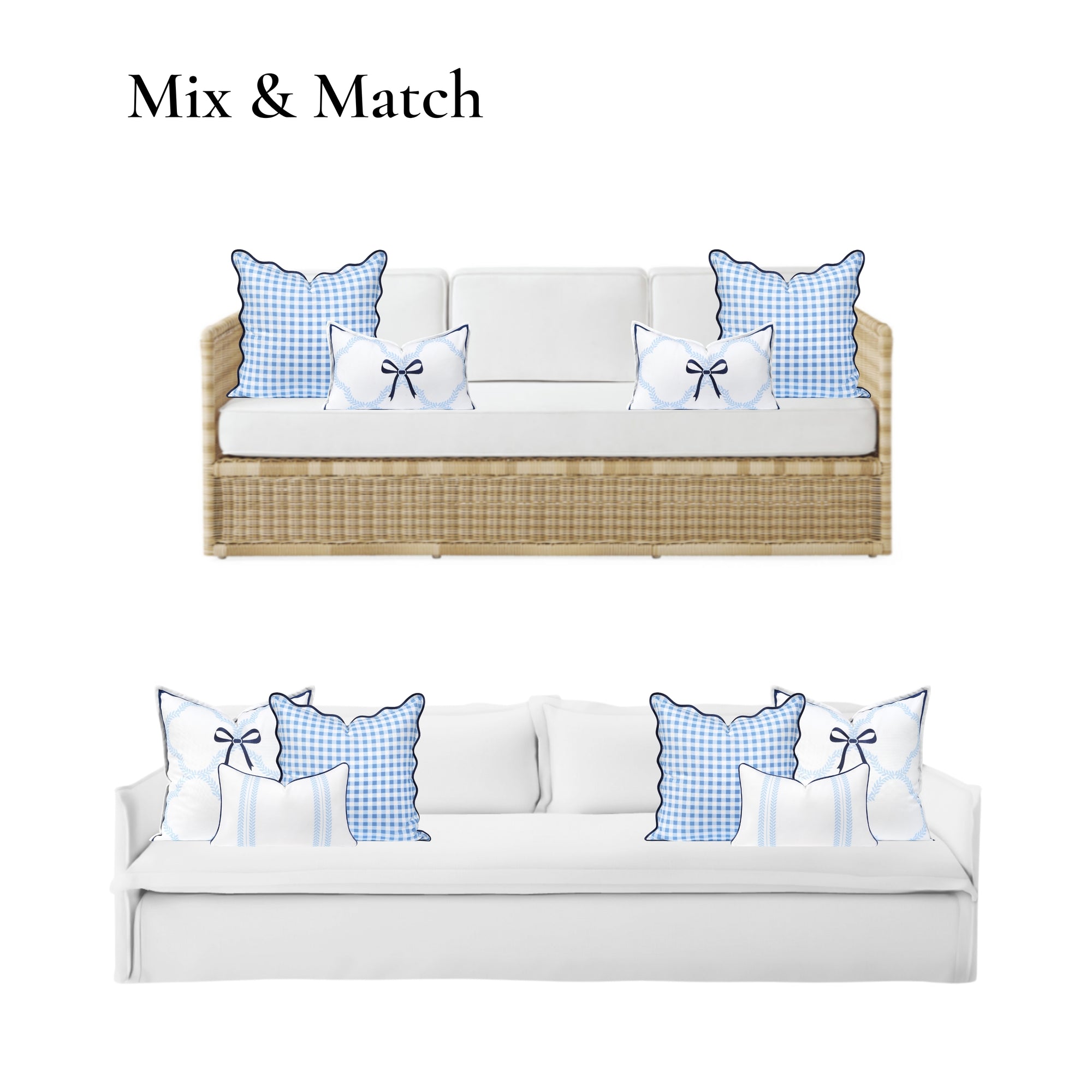 Lune, Indoor/Outdoor Azure Blue Gingham Pillow Case, with Scalloped Border, 20&quot;x20&quot;