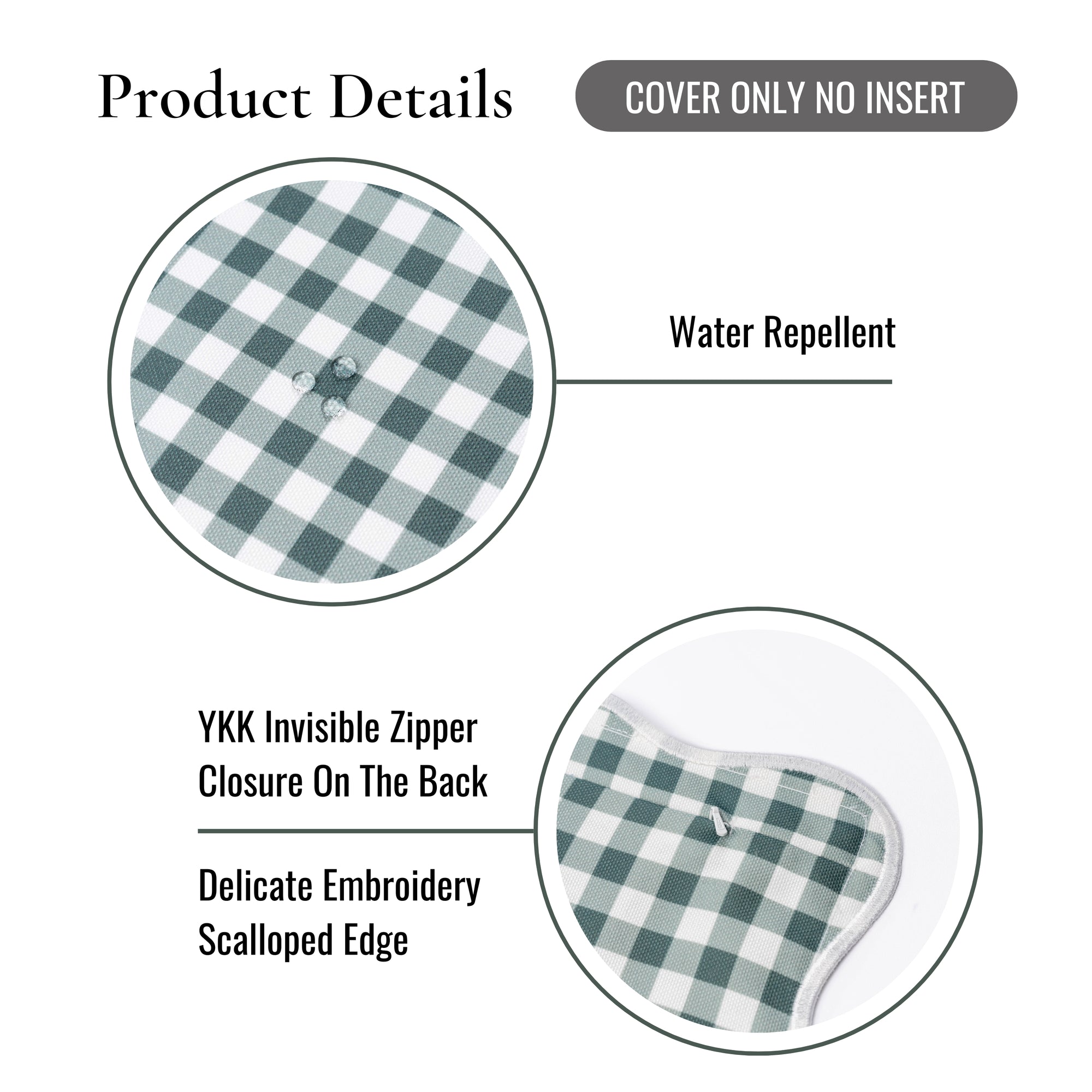 Lune, Indoor/Outdoor Forest Green Gingham Pillow Cover, with Scalloped Border, 20&quot;x20&quot;