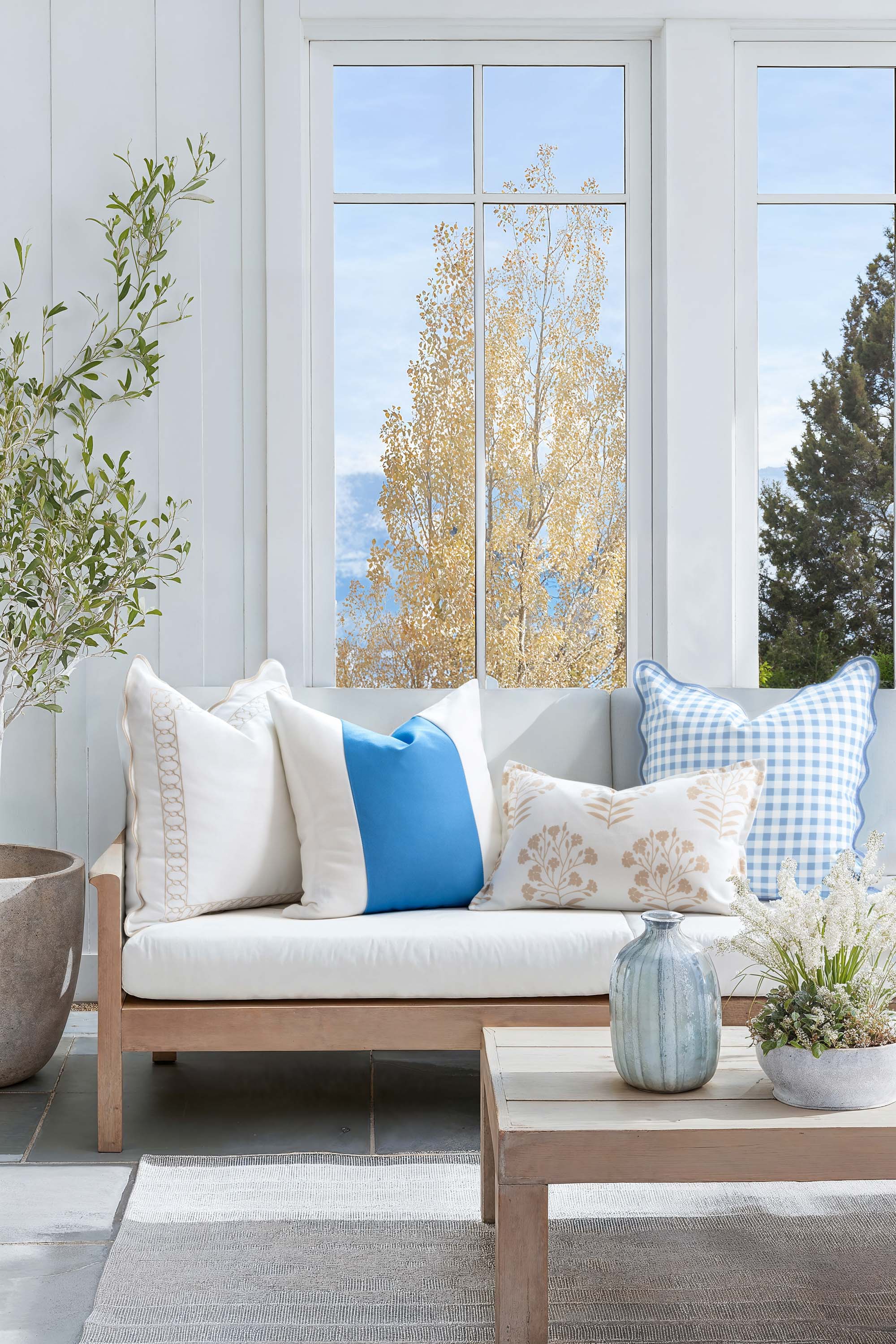 Lune, Indoor/Outdoor Baby Blue Checkered Pillow Cover, Gingham with Scalloped Border, 20&quot;x20&quot;