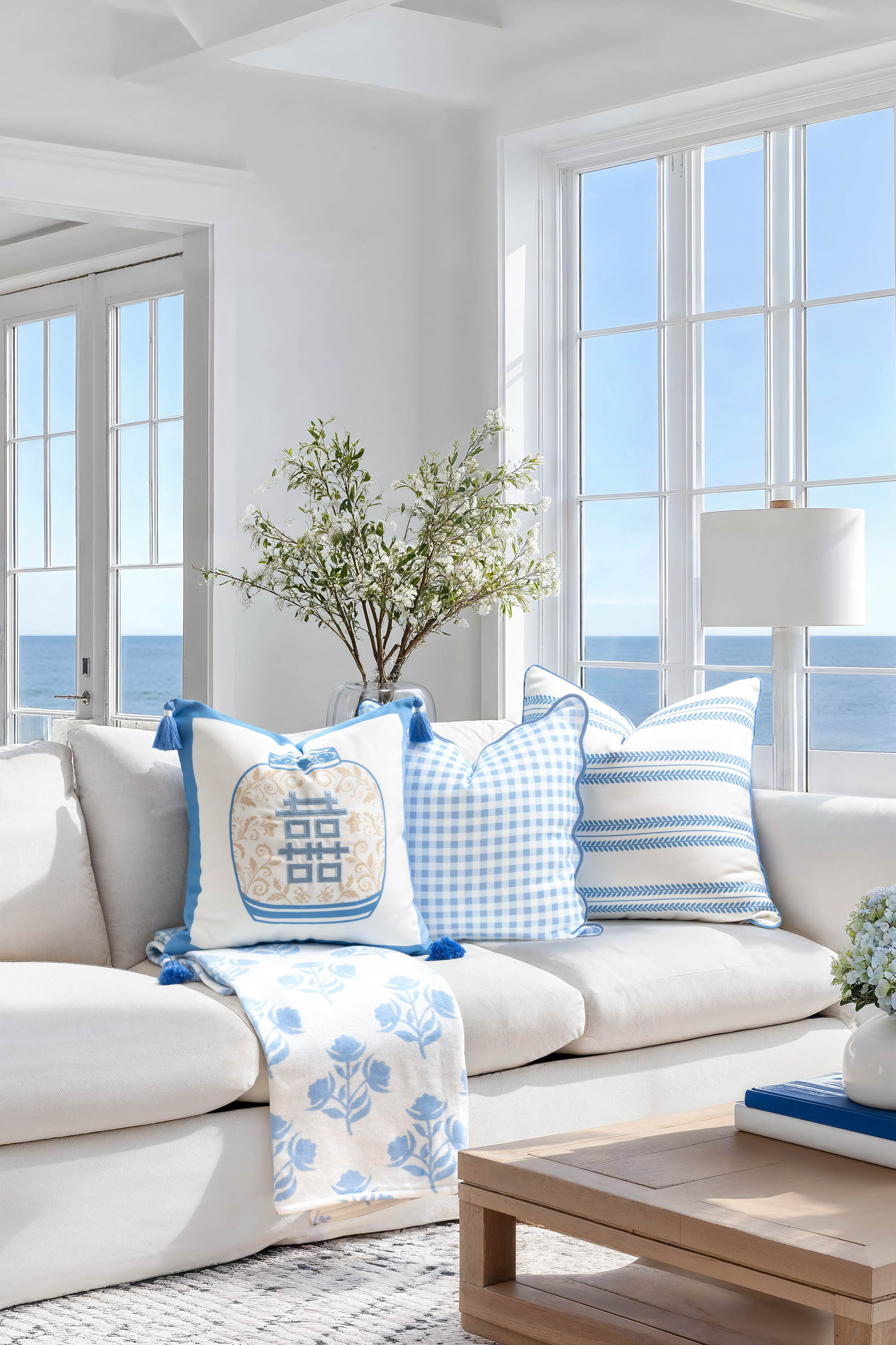 Lune, Indoor/Outdoor Baby Blue Checkered Pillow Cover, Gingham with Scalloped Border, 20&quot;x20&quot;