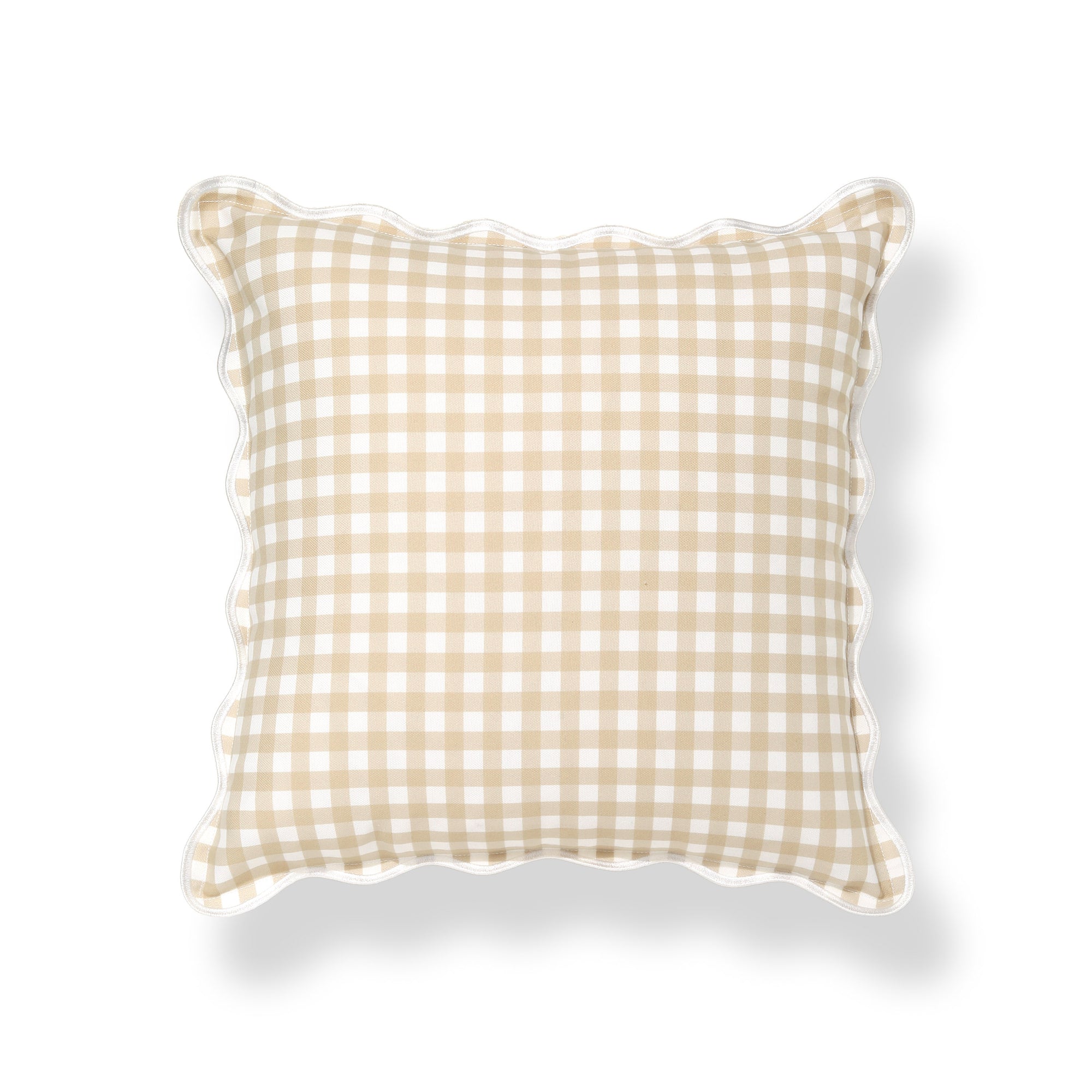 Lune, Indoor/Outdoor Tan Checkered Pillow Cover, Gingham with Scalloped Border, 20&quot;x20&quot;