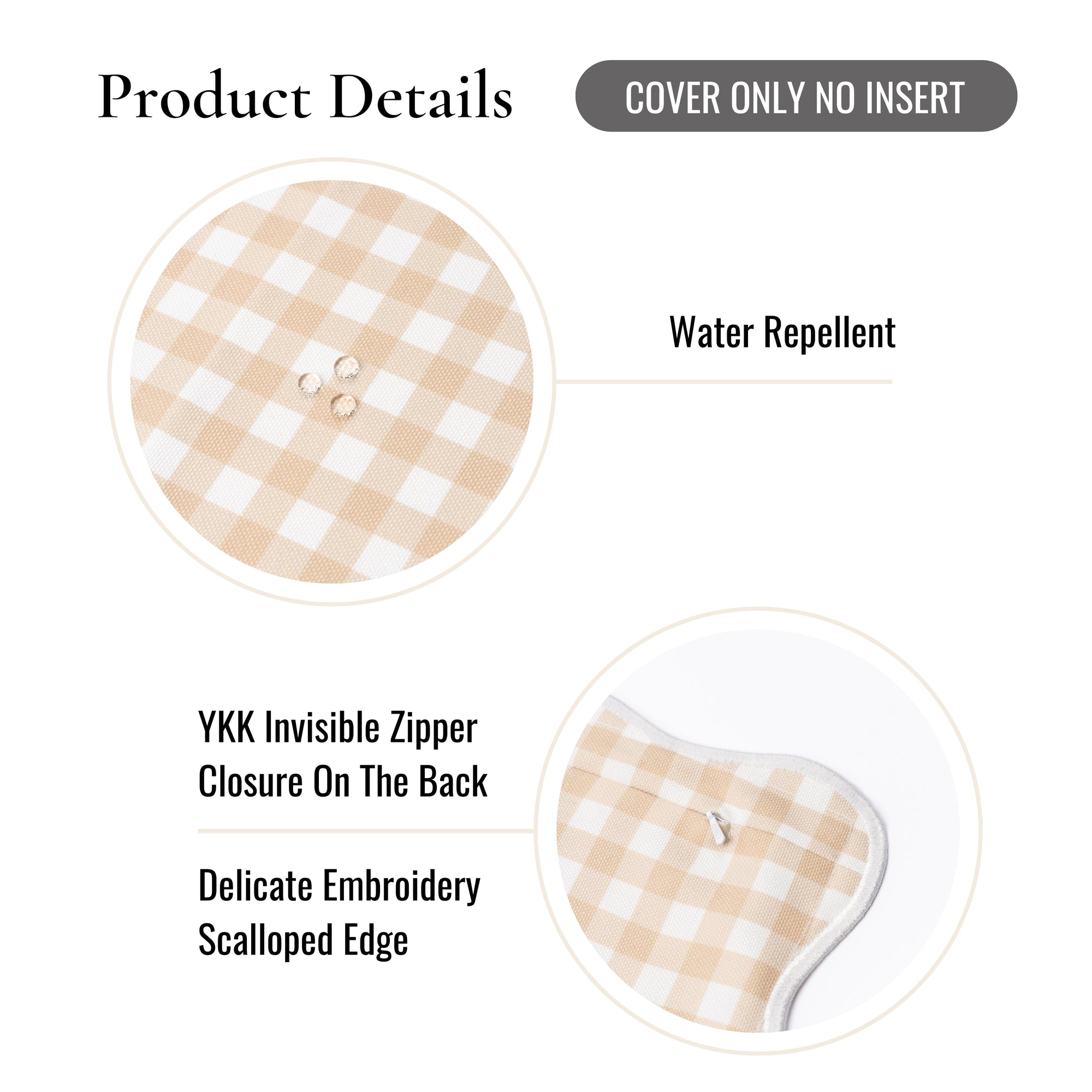 Lune, Indoor/Outdoor Tan Checkered Pillow Cover, Gingham with Scalloped Border, 20&quot;x20&quot;