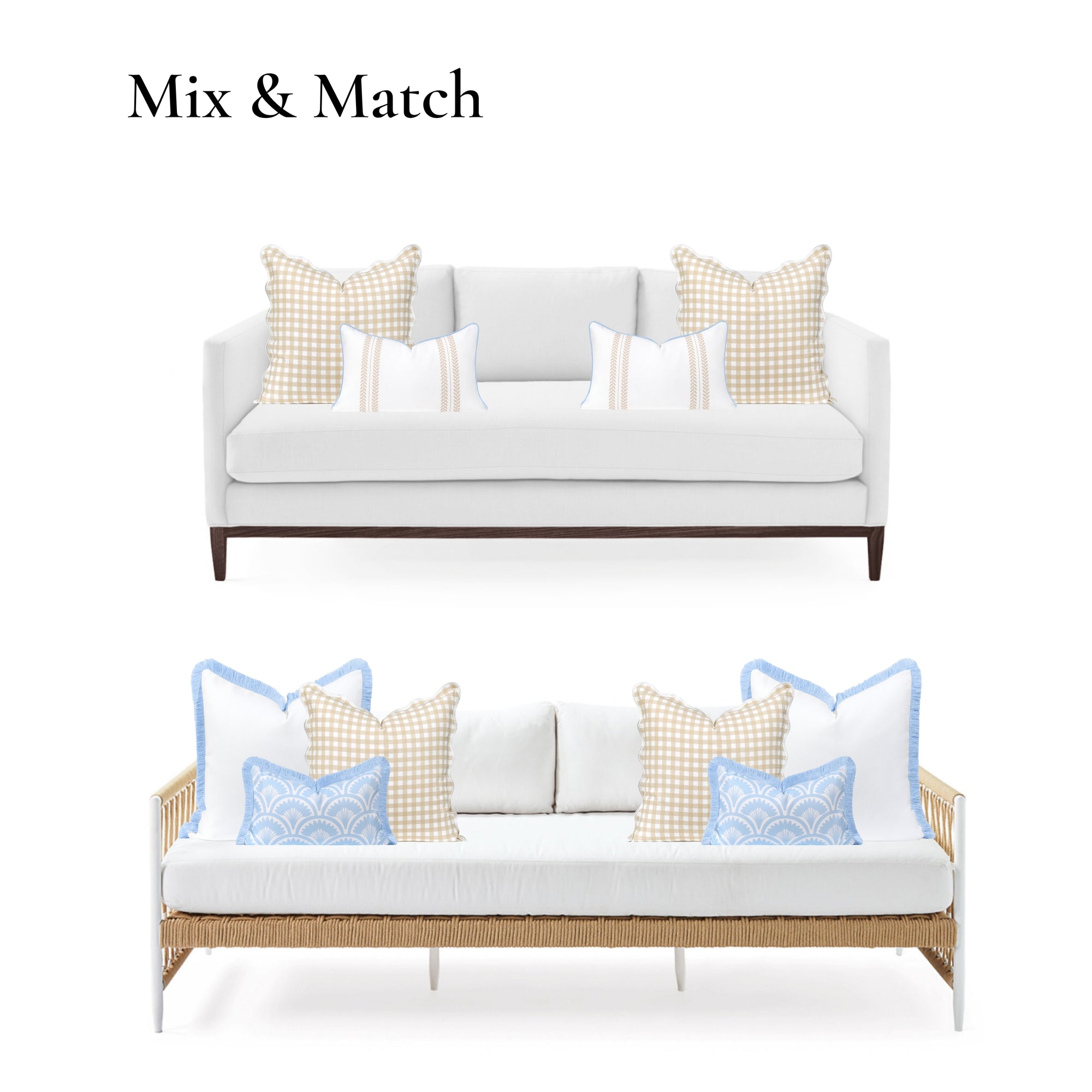 Lune, Indoor/Outdoor Tan Checkered Pillow Cover, Gingham with Scalloped Border, 20&quot;x20&quot;