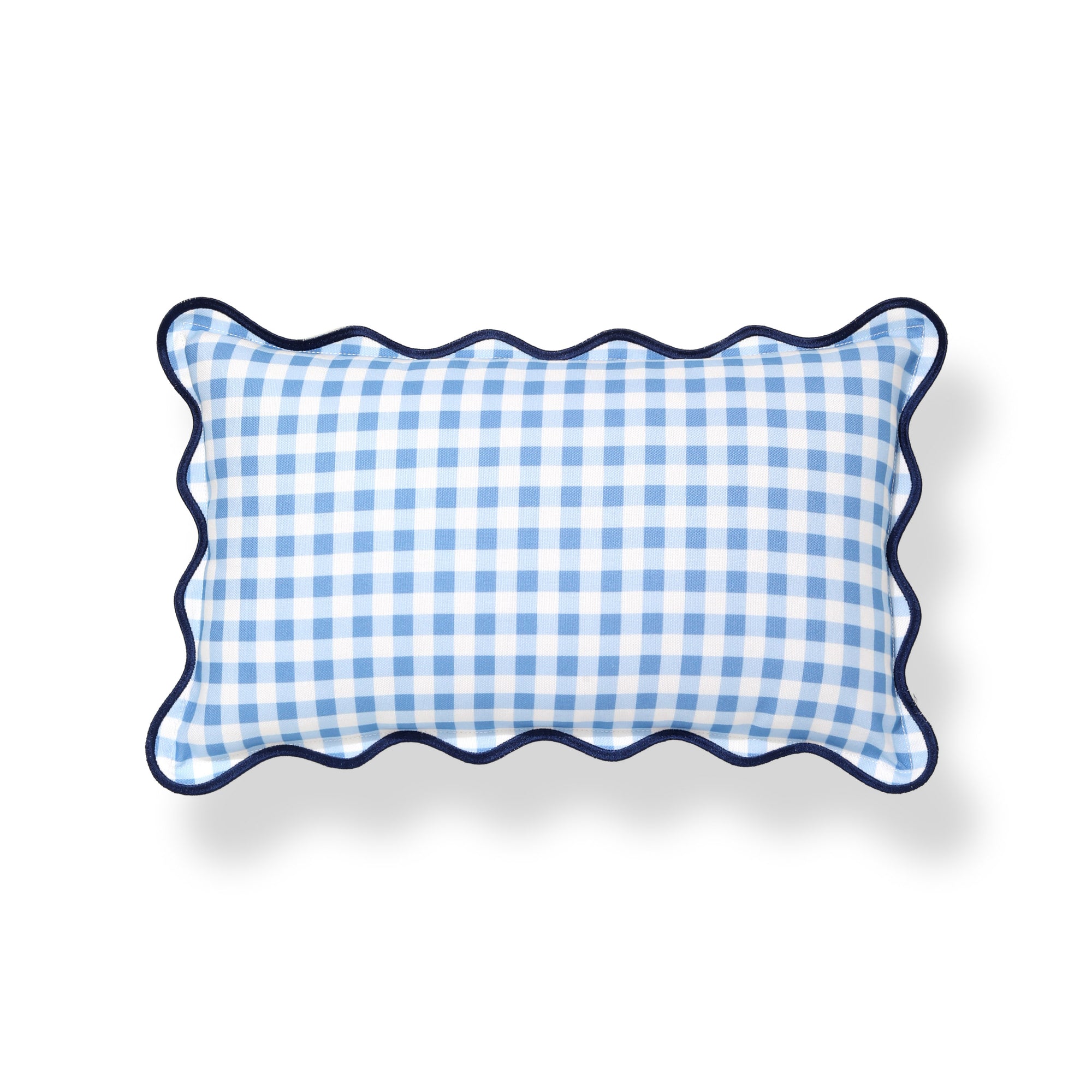Lune, Indoor/Outdoor Azure Blue Lumbar Pillow Cover, Gingham with Scalloped Border, 12&quot;x20&quot;