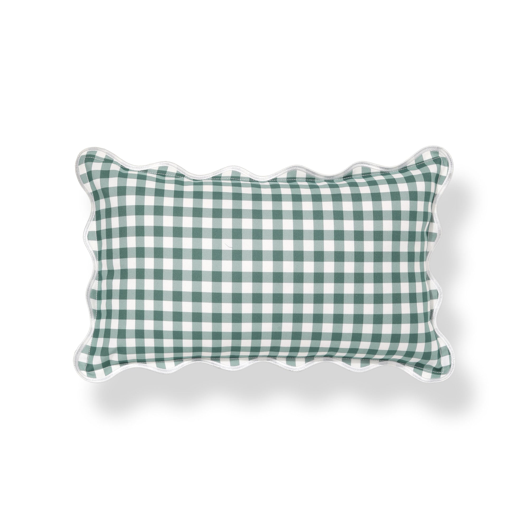 Lune, Indoor/Outdoor Forest Green Lumbar Pillow Cover, Gingham with Scalloped Border, 12&quot;x20&quot;